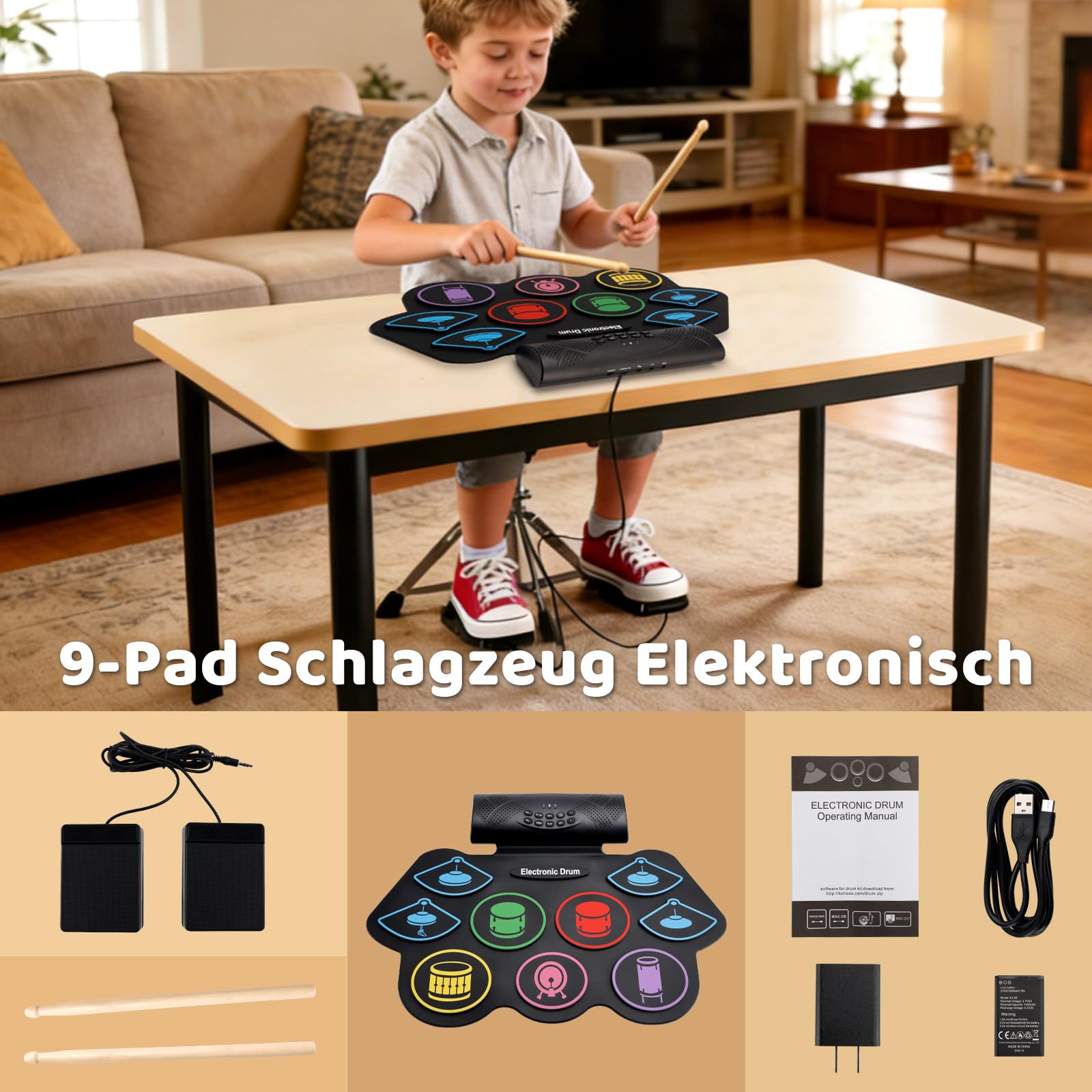 Topteng 9-Pad Schlagzeug Elektronisch, Handroll E-Drum Set mit Stereo-Lautsprechern & Fußpedalen, Tragbares Silikon Drum Pad Kit mit Kopfhöreranschluss, Musikinstrument Geschenk für Kinder & Anfänger