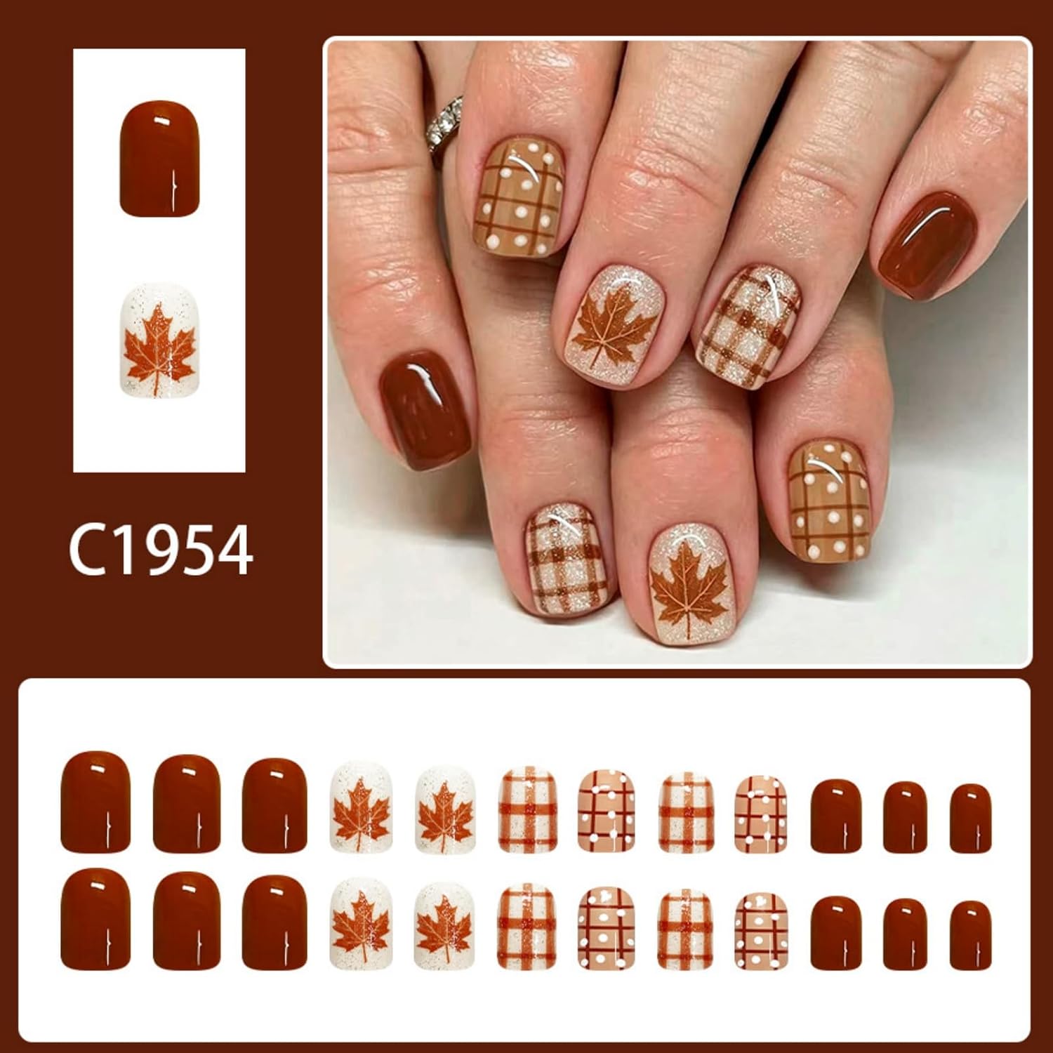 Autumn Manicure Tip Set, Short Square 24 Pieces with Glitter