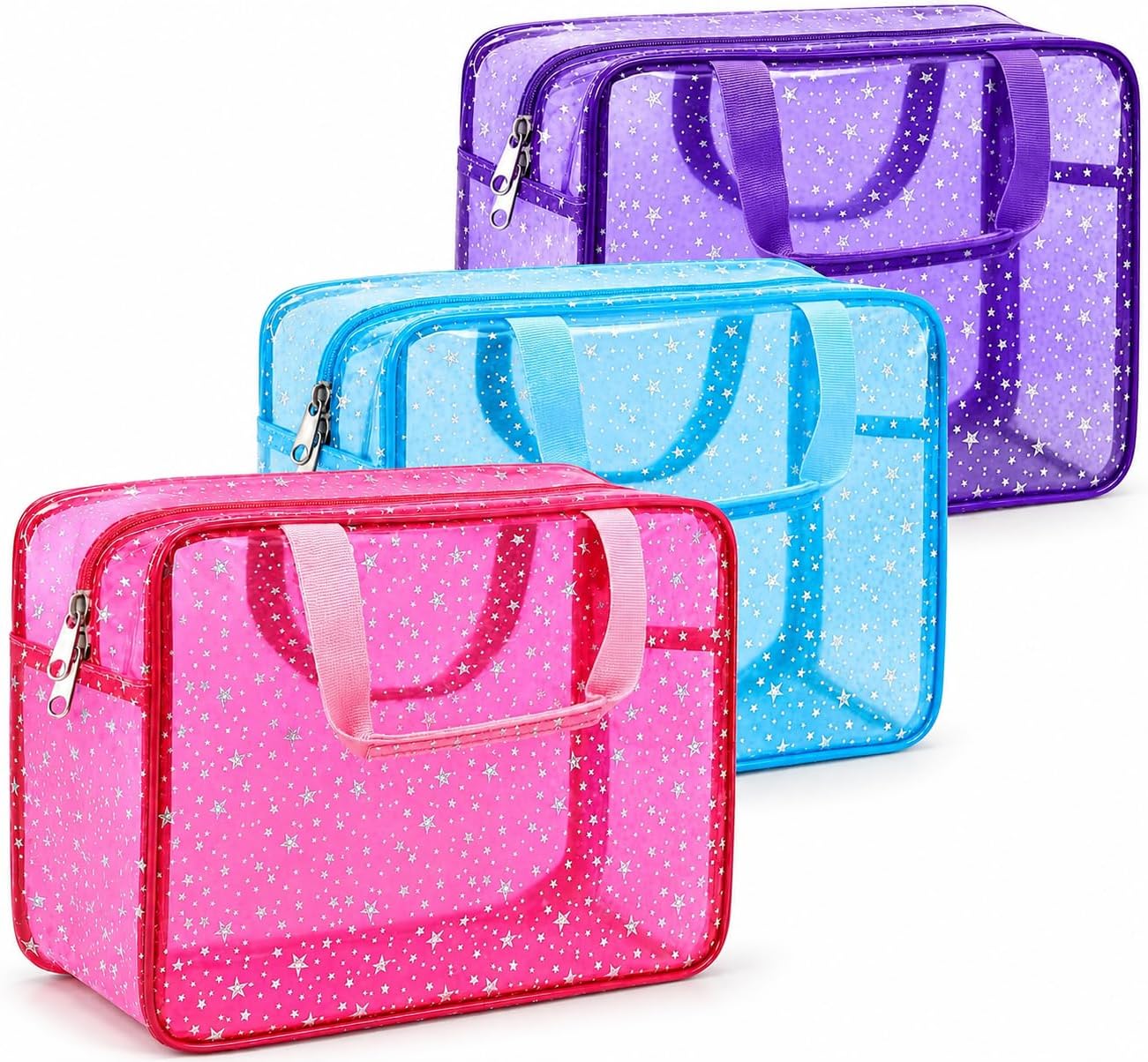3 Pack Star Clear Makeup Bags, Large PVC Cosmetic Bag with Handle and Zipper, Cute Travel Toiletry Pouch for Teen Girls, Women, Makeup, Skincare, Vacation and Dorm