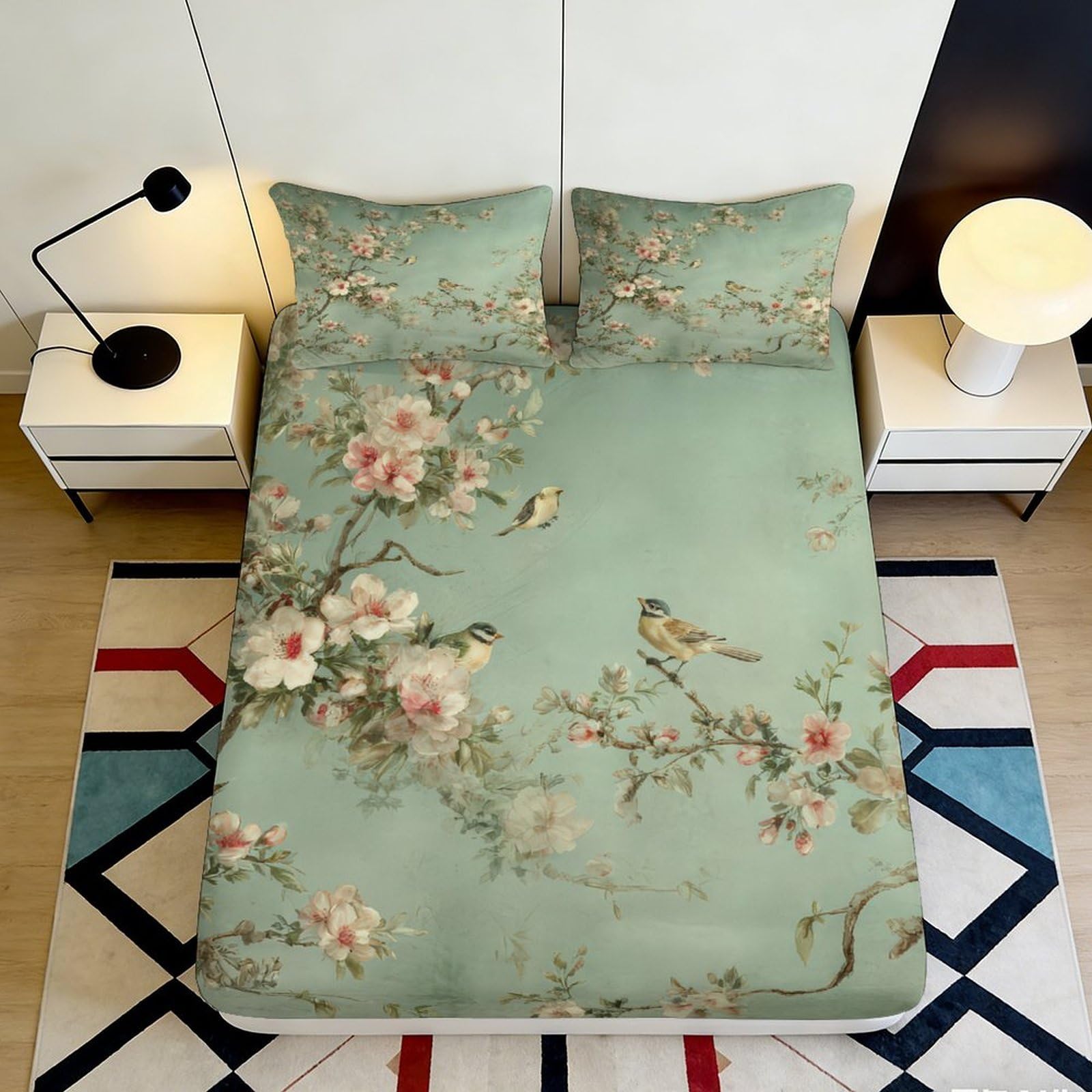 Pnayamiorkfel Style-2 3D Printed Blossom Bird Fitted Sheet Microfiber Mint Green Mattress Cover Floral Decor For Bedroom Guest Room 90X200x25cm