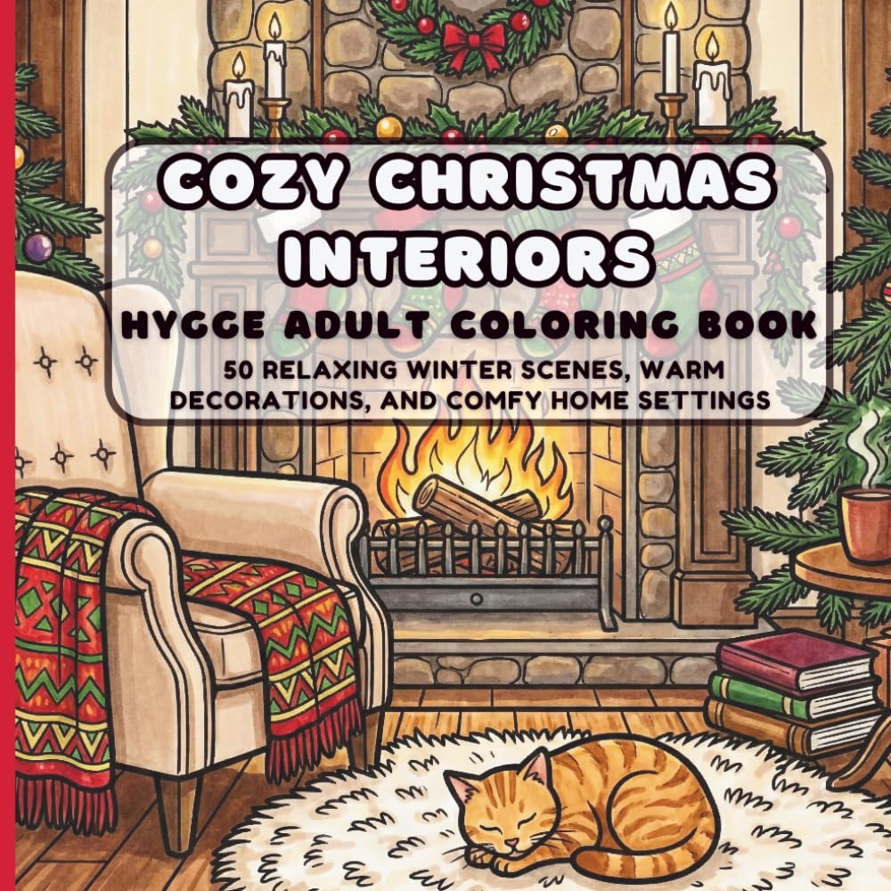 Cozy Christmas Interiors: Hygge Adult Coloring Book: 50 Relaxing Winter Scenes, Warm Decorations, and Comfy Home Settings for Stress Relief