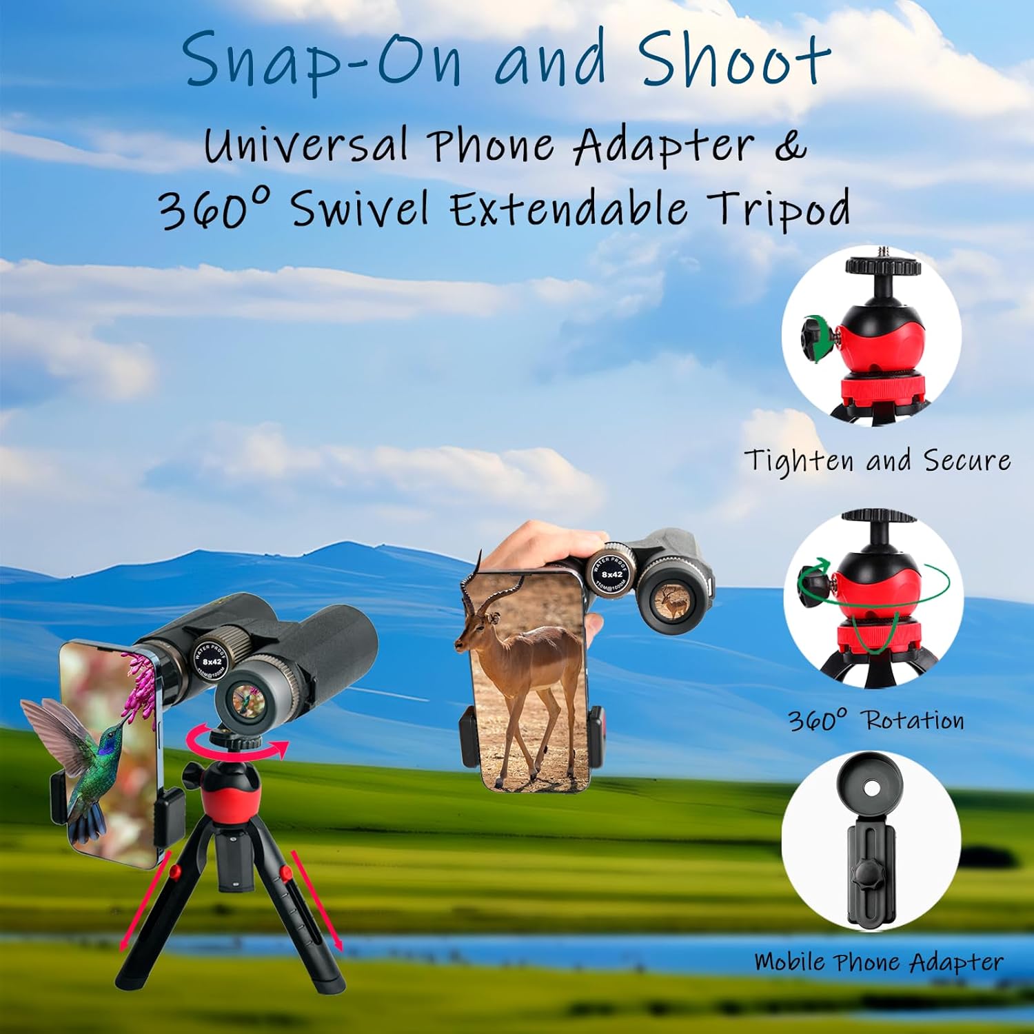 8x42 HD Binoculars for Adults High Powered, Large View BAK4 Prism Waterproof Binoculars with Tripod and Phone Adapter -Lightweight Binocular for Bird Watching Hiking Travel Cruise Trip