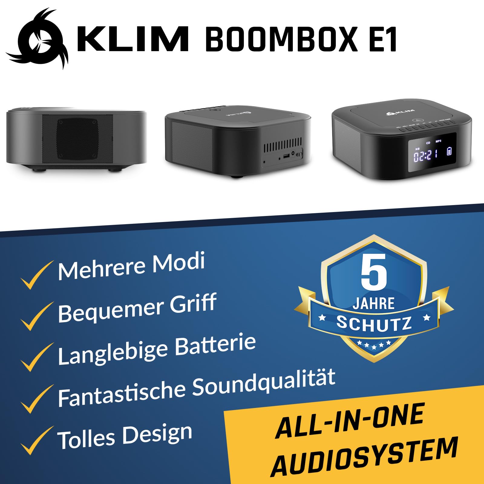 KLIM Boombox E1 Radio mit CD Player - CD-Hülle - BASS Boost mit Tieftöner - FM Radio, MP3, Bluetooth, AUX, USB - CD-R Player tragbar mit kabellosem Modus und aufladbaren Akku - Mit Fernbedienung