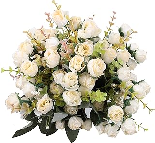 Duovlo 7 Branch 21 Mini Rose Heads Artificial Flowers Bouquet Wedding Home Office Decor,Pack of 4 (4, Champagne)