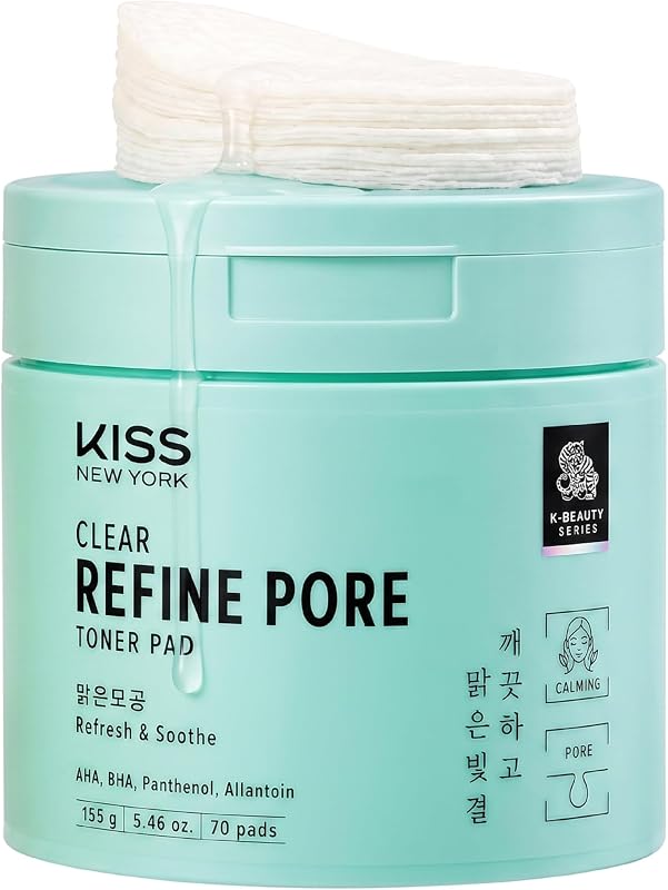 KISS NEW YORK Clear Refine Pore Pads Faciais Bifaciais com AHA, BHA, Pantenol e Alantoína – 70 unidades