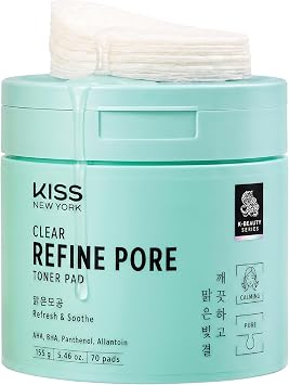 KISS NEW YORK Clear Refine Pore Toner Pads, Dual-Textured Facial Pore Pad Gently Exfoliates & Deeply Hydrates with AHA BHA Panthenol & Allantoin, Korean Skincare Soothes Sensitive Skin, 70 Count