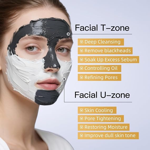 Dual Kaolin Clay Mask & Black Mask Clay - 2-in-1 Deep Pore Cleansing Facial Mask with Amazonian White Clay and Black Mud - Targeted T-Zone & U-Zone Care for Blackheads, Oil Control & Soothing - 4.94Oz