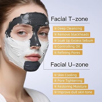 Dual Kaolin Clay Mask & Black Mask Clay - 2-in-1 Deep Pore Cleansing Facial Mask with Amazonian White Clay and Black Mud - Targeted T-Zone & U-Zone Care for Blackheads, Oil Control & Soothing - 4.94Oz