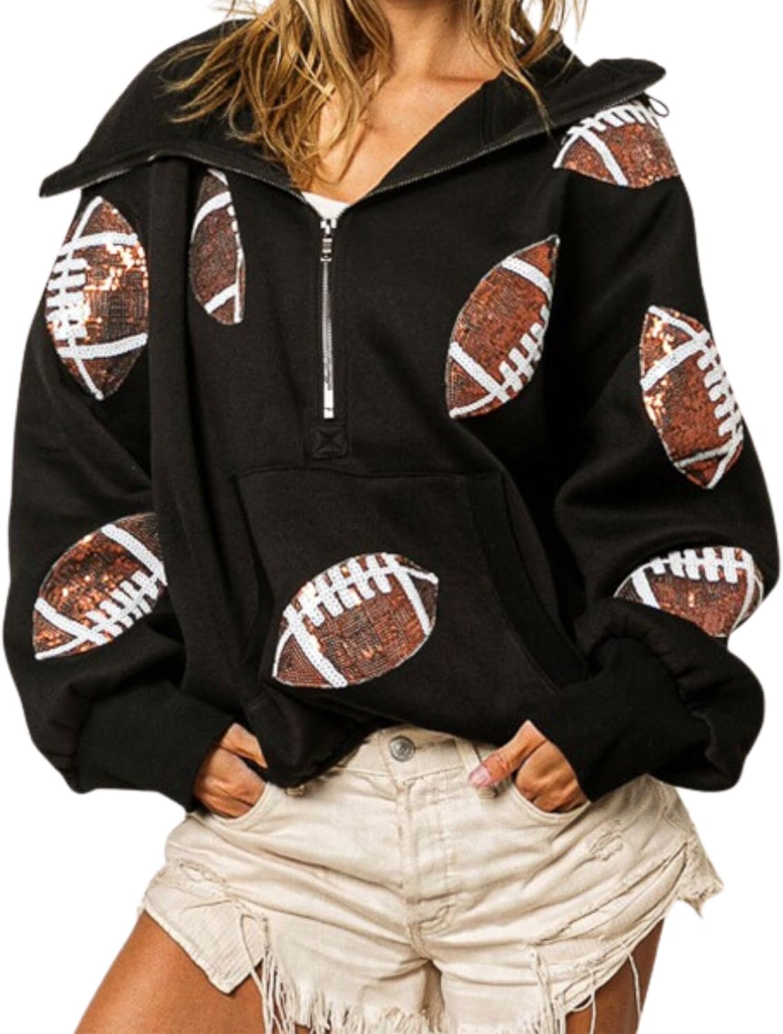 Xunger Women's Football Sequin Hoodie Half Zip Long Sleeve Rugby Patches Game Day Hooded Sweatshirt