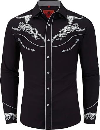 Mens Embroidered Exquisite Bull Head Western Cowboy Shirt Long Sleeve Regular Fit Snap Button Down Shirts