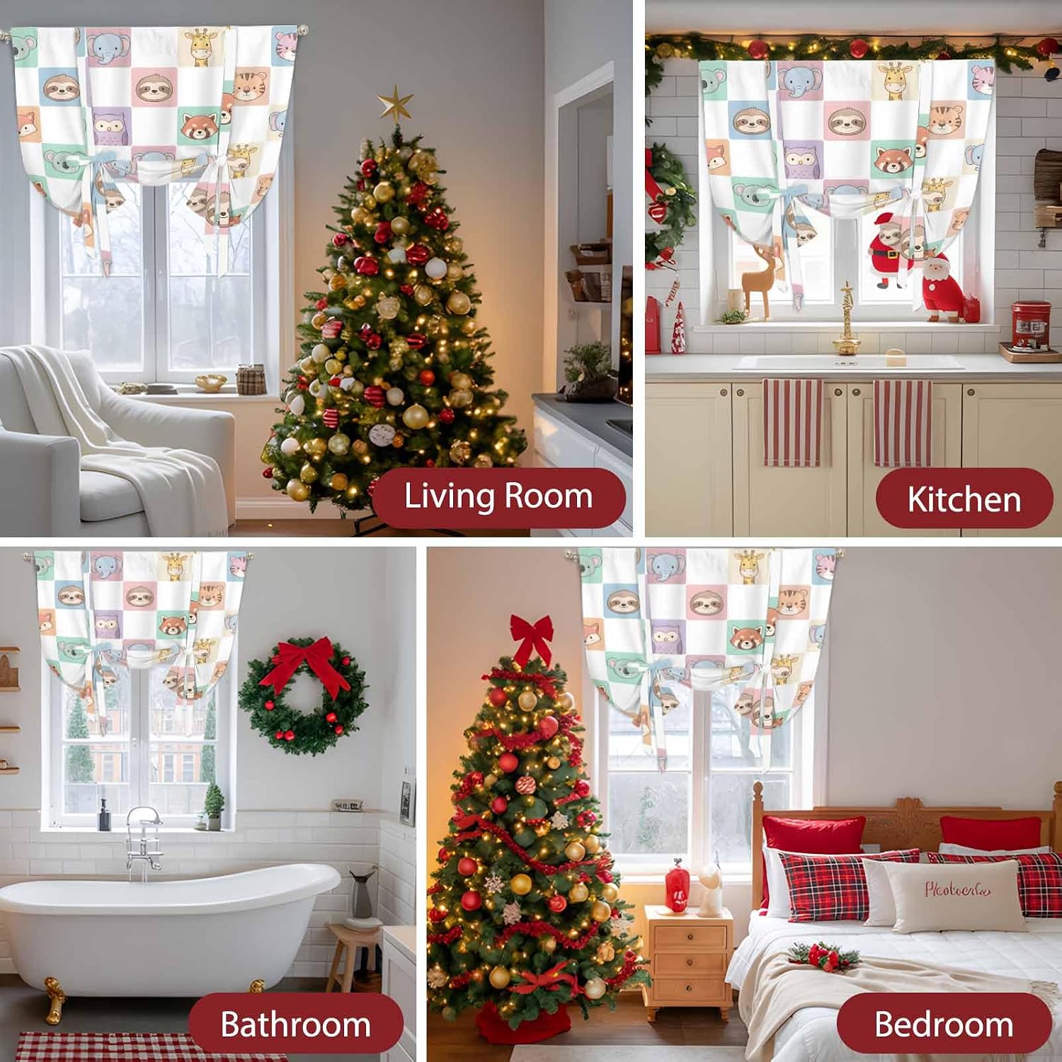 Checkered Cartoon Animals Tie Up Curtains for Windows 63 Inch Length Balloon Curtains Kitchen Adjustable Balloon Window Shade Modern Cute Animal Tie Up Valance Bathroom Curtain Window 46"x63"