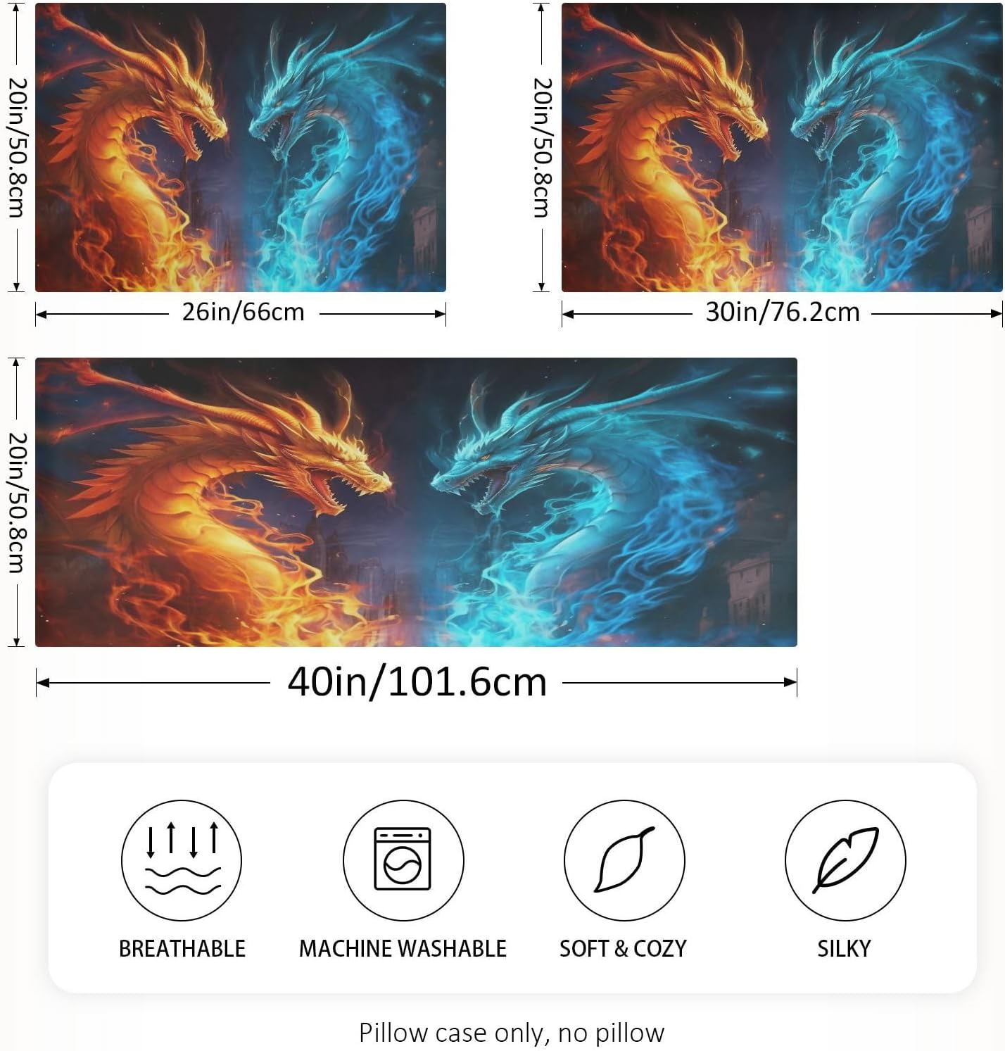YETTASBIN Water Fire Dragon Satin Pillowcase, Soft Breathable Silk Pillow Case with Envelope Closure for Hair and Skin, Standard Size 26 x 20 Inch