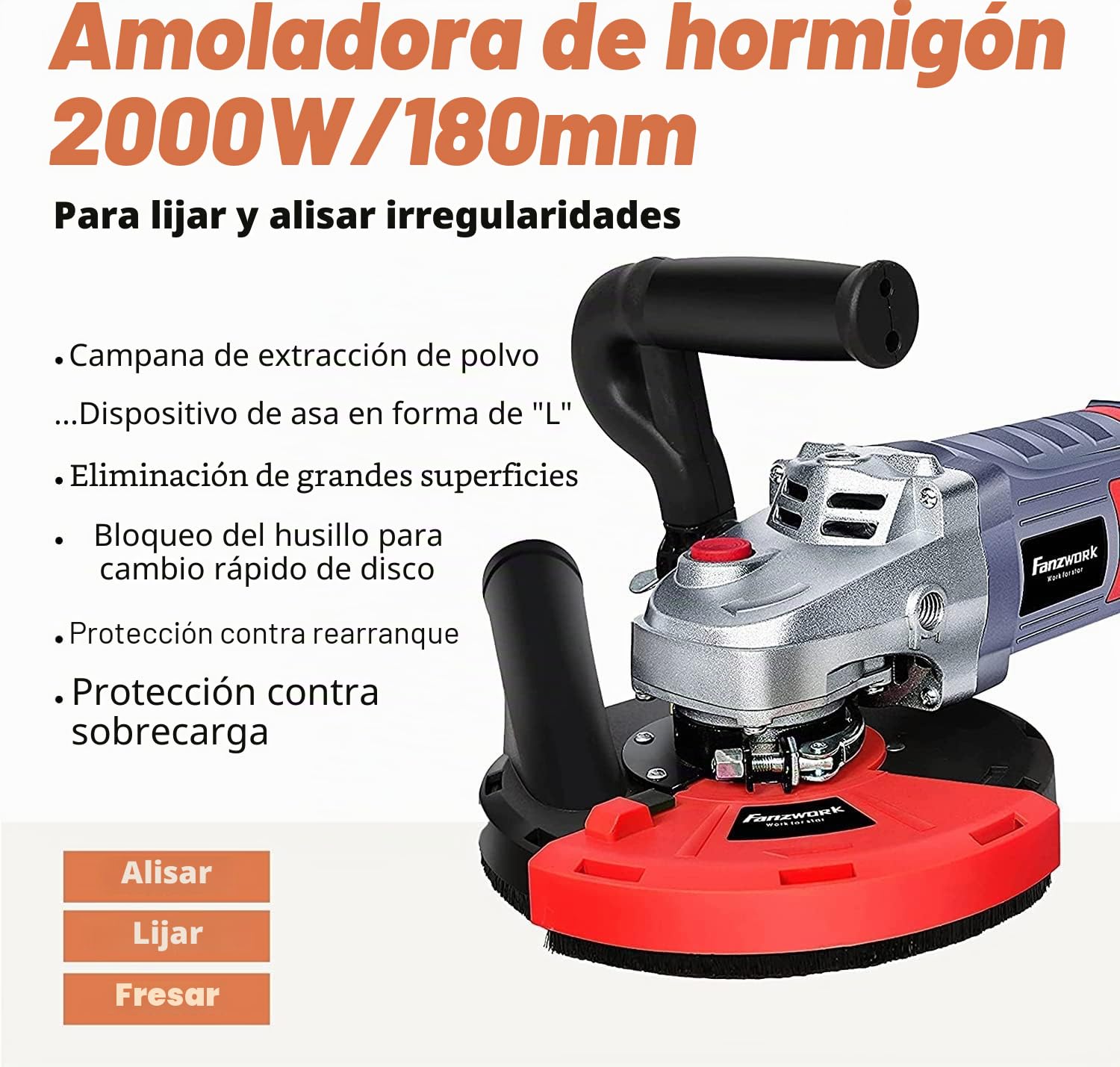 FANZTOOL - Amoladora de hormigón (2000 W, con cabezal de corte de diamante de 180 mm y campana de extracción)