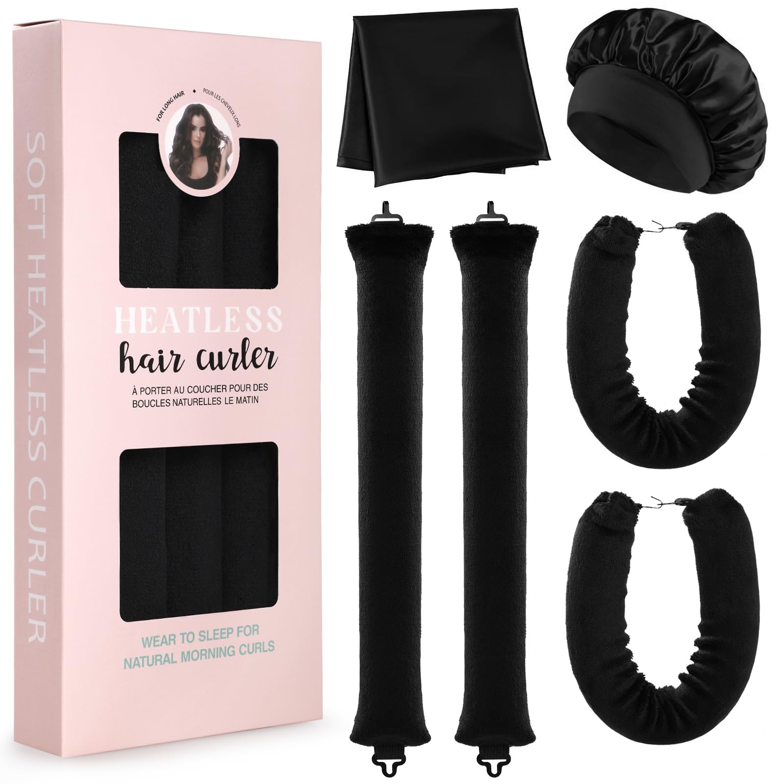 4pcs Bigodini Capelli Senza Calore，GeeRic Bigodino Lungo per Boccoli+Cuffia Doccia+Foulard da Fisso Flessibile Boccoli Arricciacapelli per Capelli Medi/Lunghi DIY Salone Strumento per Styling Dormo