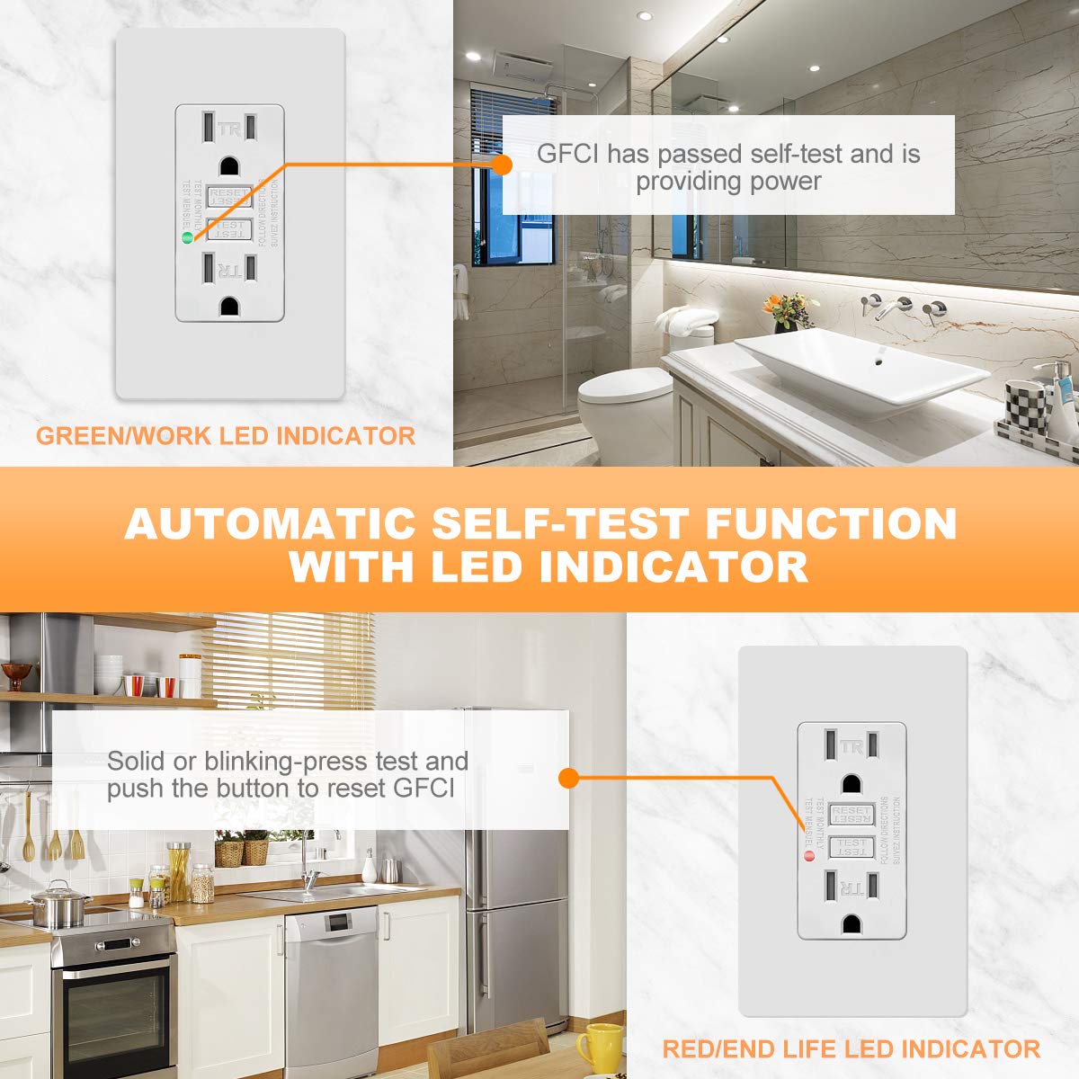 Wengart GFCI Outlet 1pack,125VAC 20Amp,Weather-Resistant And Tamper-Resistant Self-Test LED Indicator,Ground Fault Electric With Decor Wall Plates And Screws,Meet UL2018,Back &Side Wire,White - View #8