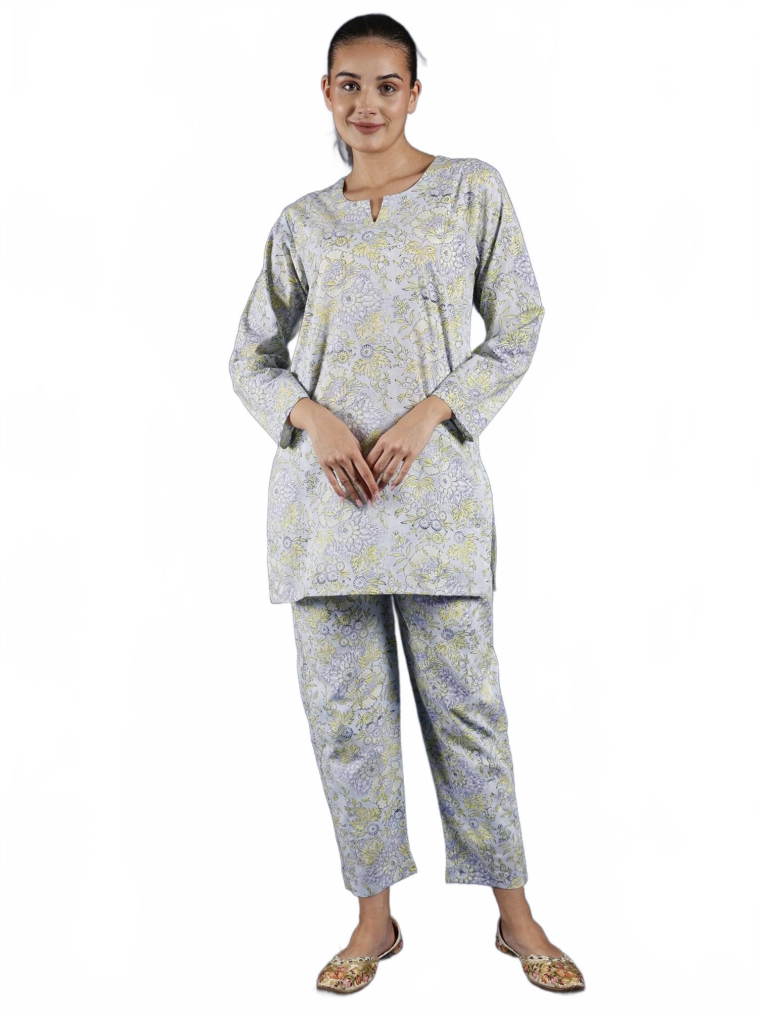 exotic india Women's Notch Neck Co-Ord Set with Block Printed Flowers & Side Pockets | Casual Top & Pant-picture-13