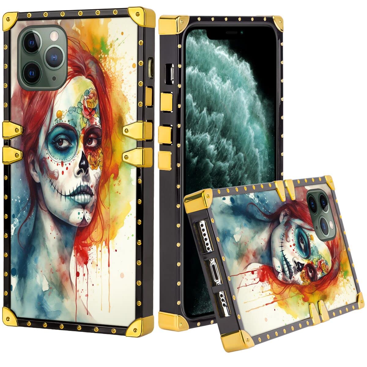 SHENCANG BLUE Designed Phone Case for iPhone 11 Pro Designer Sugar Skull Art-52 Design Black Frame Smartphone Cover Soft TPU Shockproof Mobile Phone Case