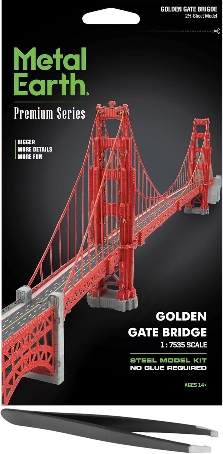 Fascinations Metal Earth Premium Golden Gate Bridge 3D Metal Model Kit Bundle with Tweezers
