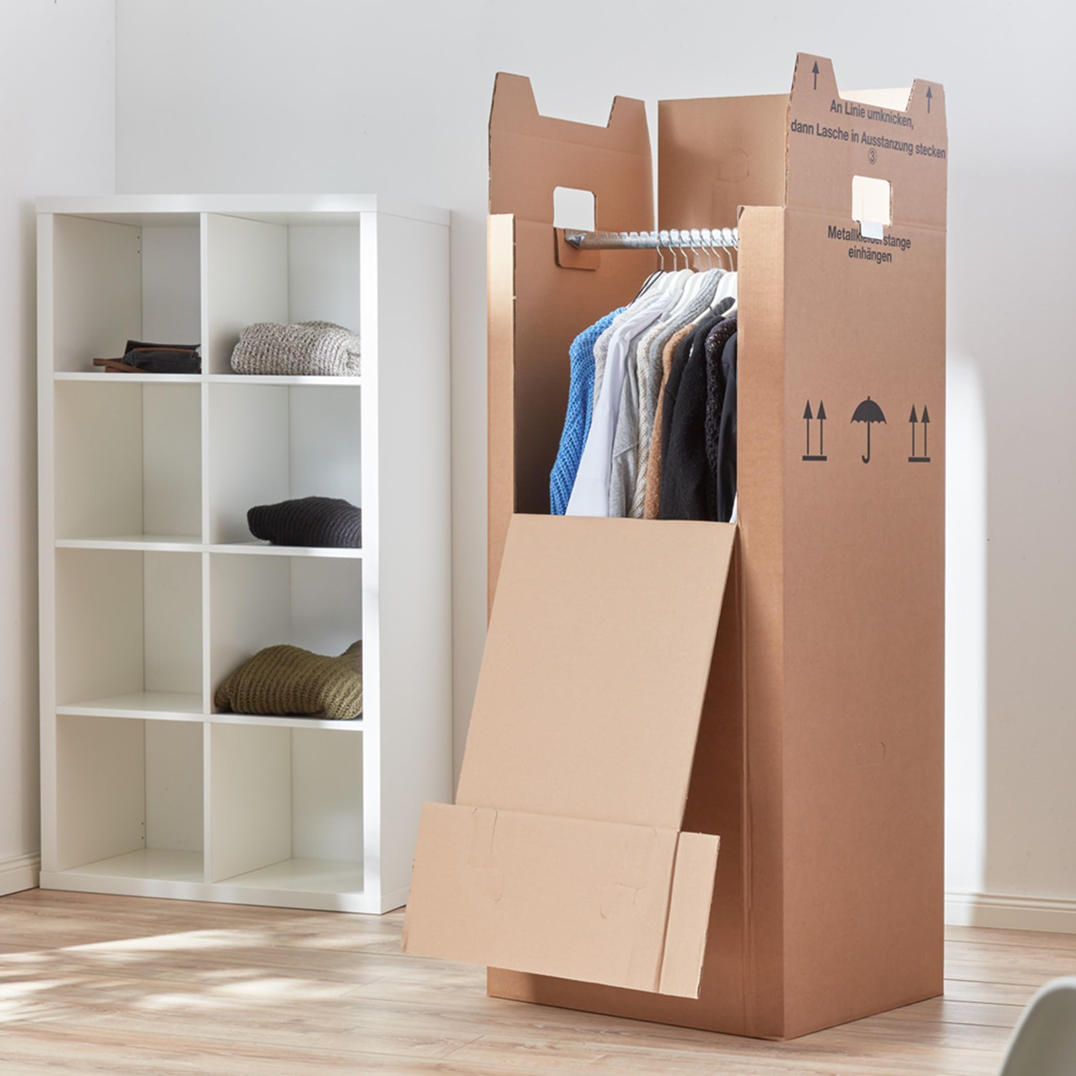 BB-Verpackungen Lot de 15 boîtes à vêtements Maxi - 612 x 522 x 1370 mm - Double cannelure (15 pièces) - Grand carton à vêtements avec barre en métal, trous de préhension et charge jusqu'à 60 kg