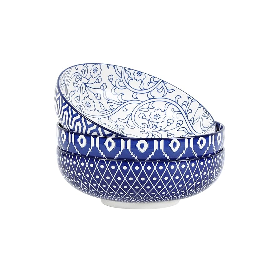 Selamica 9.5" Serving Bowls, 60 OZ Large Salad Bowls Set of 3 for Entertaining Party, Ceramic Bowls for Kitchen, Pasta, Soup, Dinner, Vintage Blue