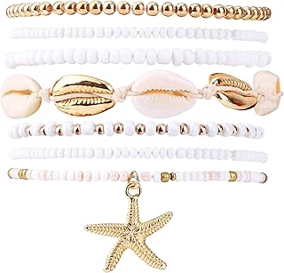 Mikovivi 7pcs Summer Beach Bracelets for Women, Stackable Shell Seashell Starfish Beaded Surfer Bracelets Set Boho Seaside Holiday Vacation Party Friendship Jewelry Gift