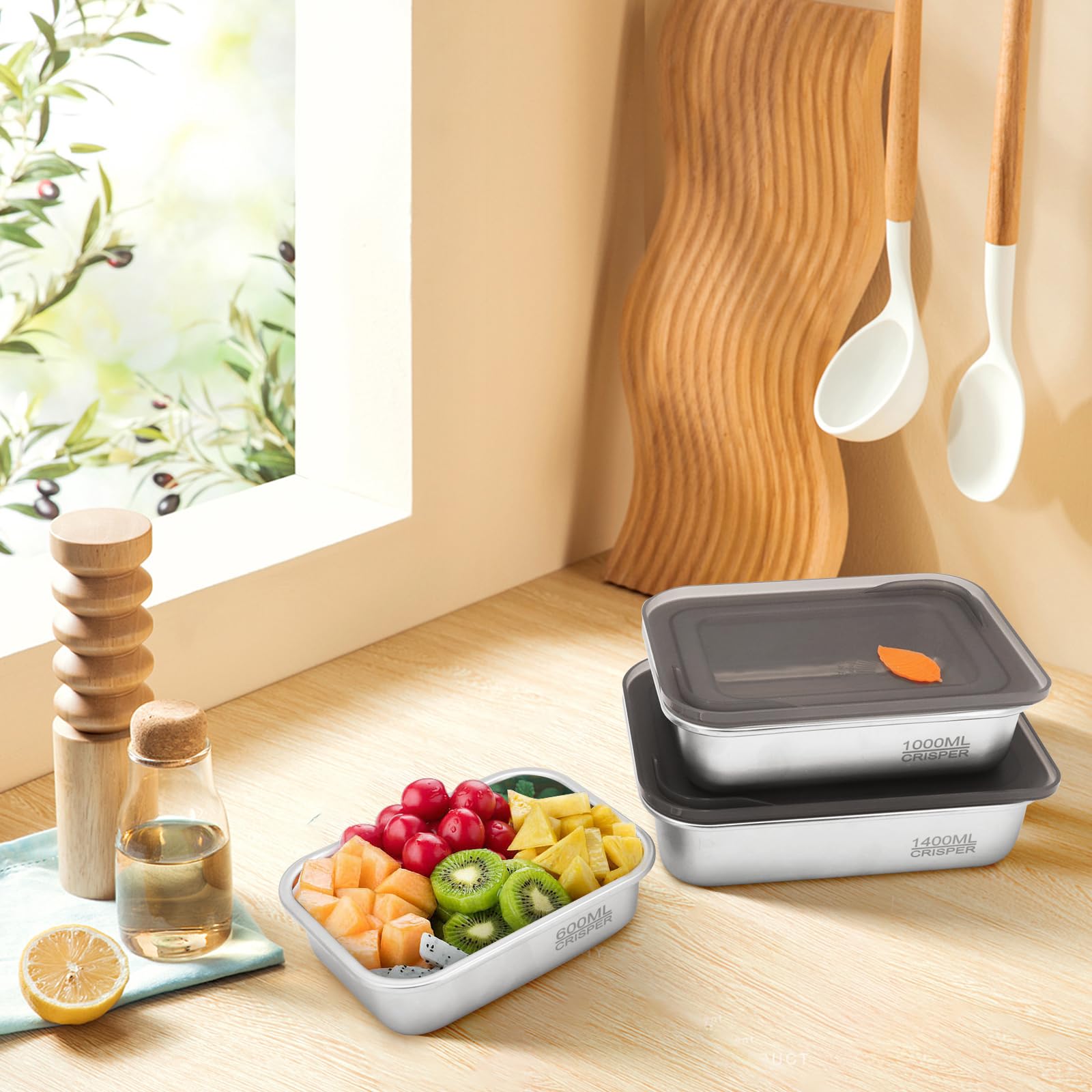 Retoo Contenitori per alimenti in acciaio inossidabile 5 pezzi, scatole ermetiche con coperchio 10/12/14/16/18 cm, contenitori per alimenti, ermetici, rotondi, riutilizzabili, con fodera in silicone