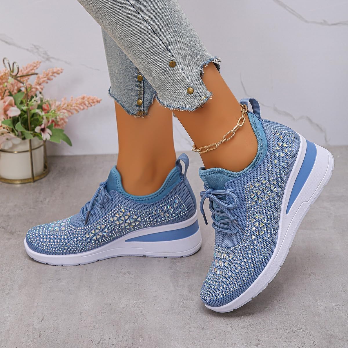 Tenis de cuña transpirables con diamantes de imitación brillantes para mujer, zapatos deportivos ortopédicos brillantes para boda, zapatos de tenis de punto