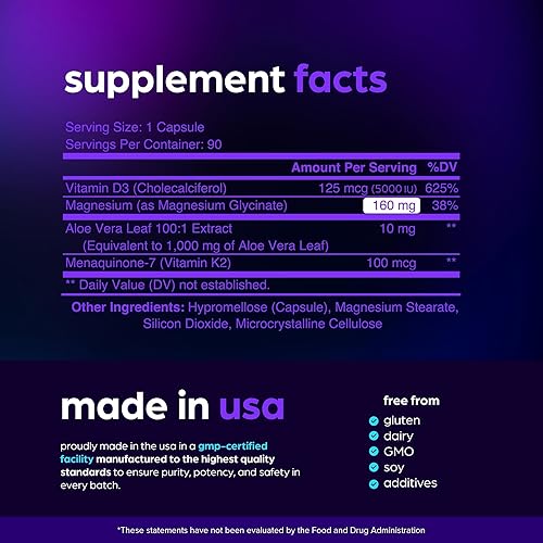 Miniatura 6 de Glicinato de magnesio 1160 mg + complejo de aloe vera, D3 y K2 90 cápsulas – Alta absorción, no laxante – Apoya una respuesta saludable al estrés,