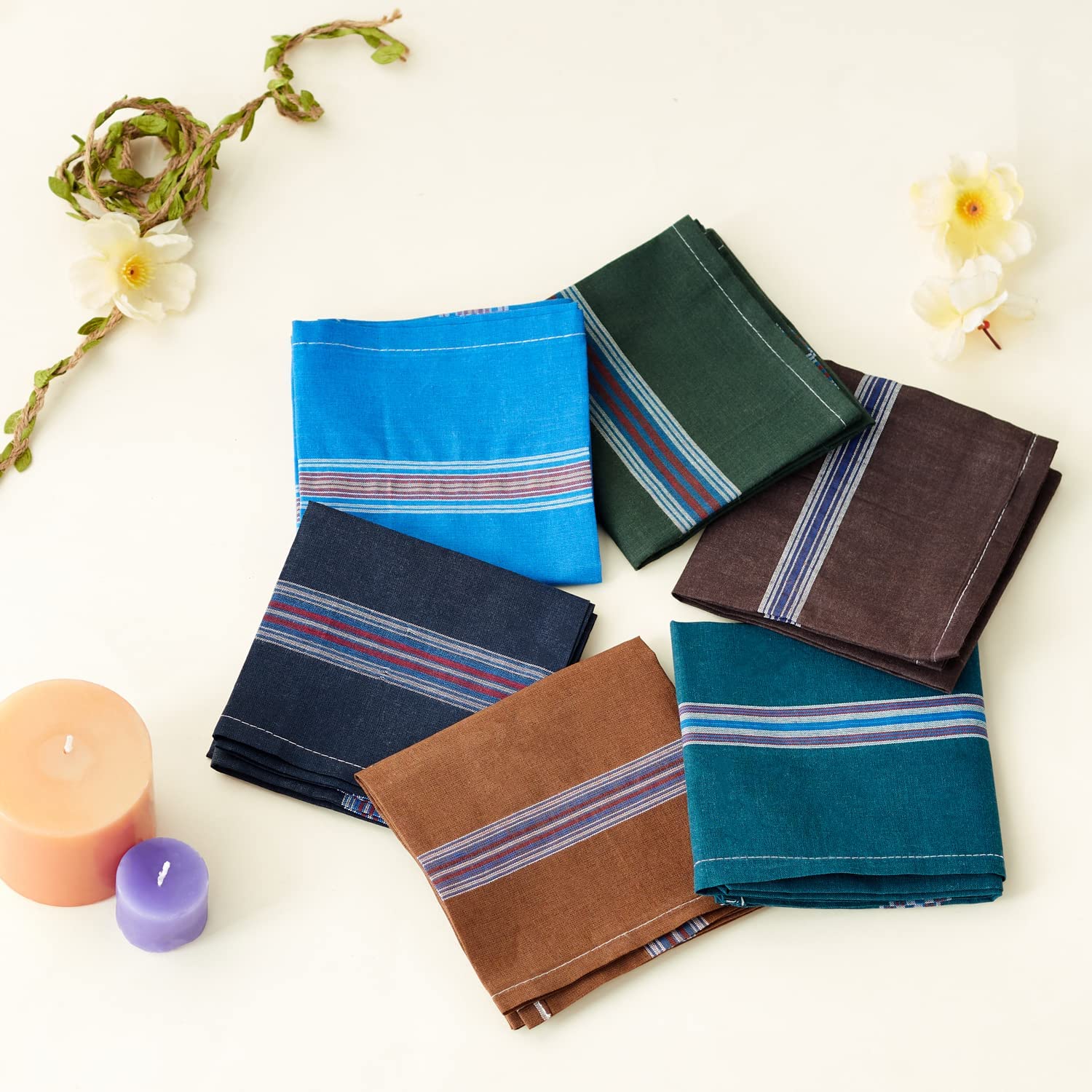 Men's Cotton Handkerchiefs, Striped Border Design, Multicolor, Pack of 6-image-46