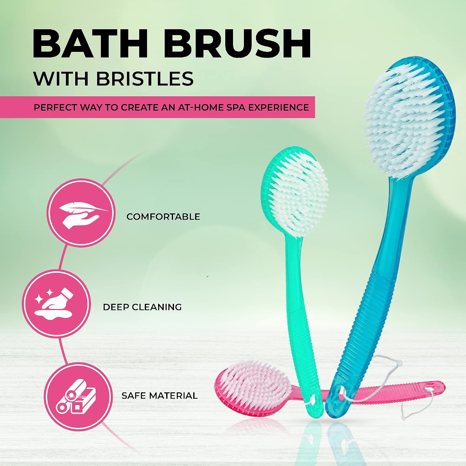 Bistras Bath Brush with Bristles, Bath and Shower Scrubber, Long Handle for Exfoliating Back, Body, and Feet, Green (1 Pack)
