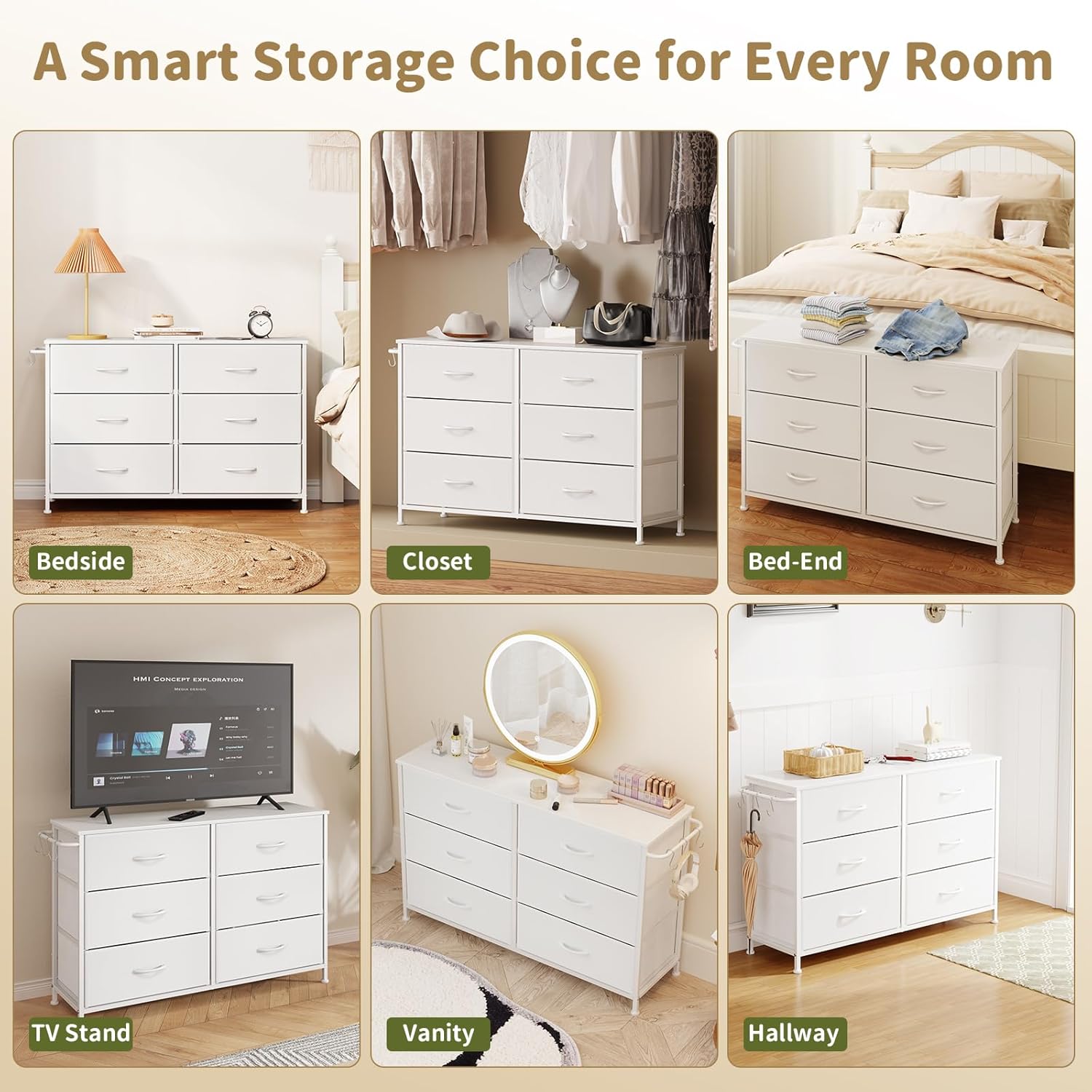 Dresser for Bedroom with 6 Drawers, Small Fabric Dressers for Kids Bedroom, Chest of Drawers, Storage Organizer Dresser for Closet, Nursery, Dorm, Apartment, TV Stand Living Room Wooden Top (White)