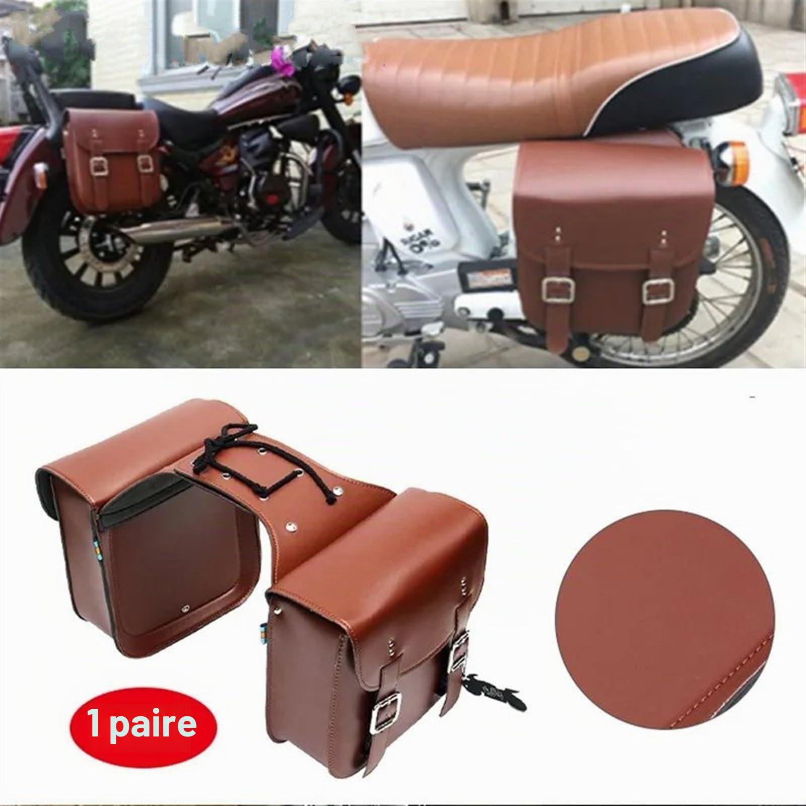 Sacoche Moto Sacoches De Moto en Cuir PU Pochette À Outils Latérale Gants Bagages Sacs Selle Vintage Marron Universel Sac Moto(1set Brown)