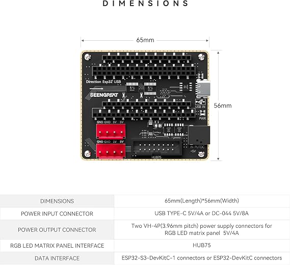 RGB Matrix Adapter for ESP32, HUB75, Dual 5V Input | Drives RGB matrix via HUB75. Dual power: USB-C 5V/4A or DC 5V/8A. Two 5V/4A VH-4P outputs for panels.