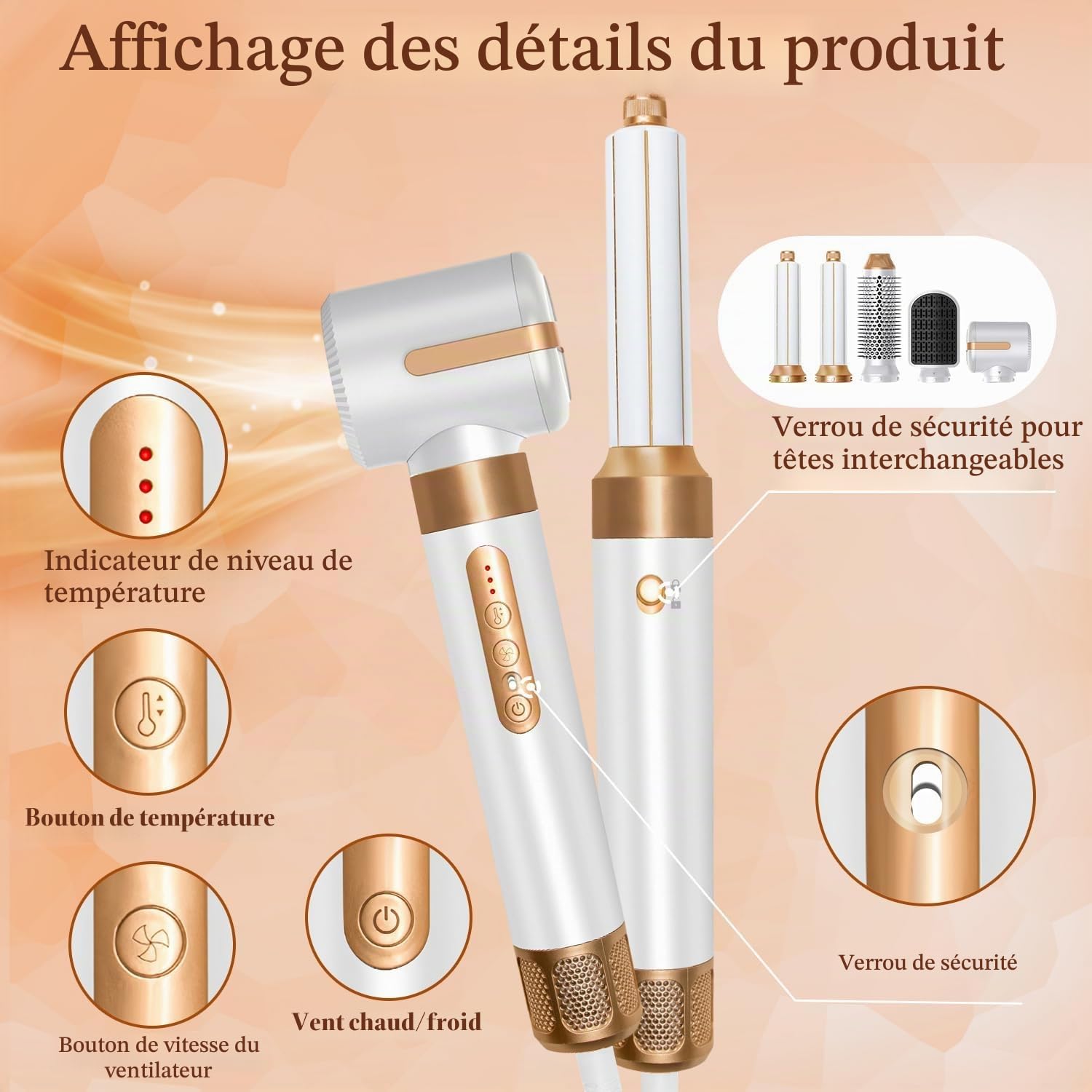 Sèche-cheveux 7 en 1, sèche-cheveux à grande vitesse - Ensemble d'outils de coiffure - Brosse à air chaud, diffuseur, buses, peigne à lisser, baguette à boucler, volumiseur (blanc)