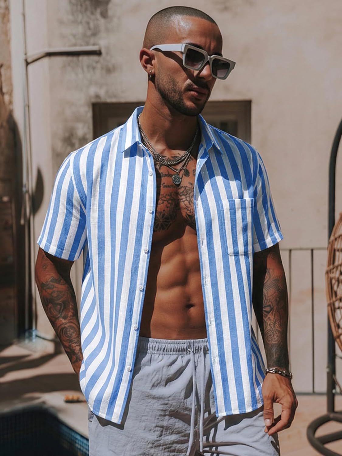 Runcati Mens Striped Button Down Shirts Casual Short Sleeve Linen Shirt Summer Beach Vacation Tops - Image 2