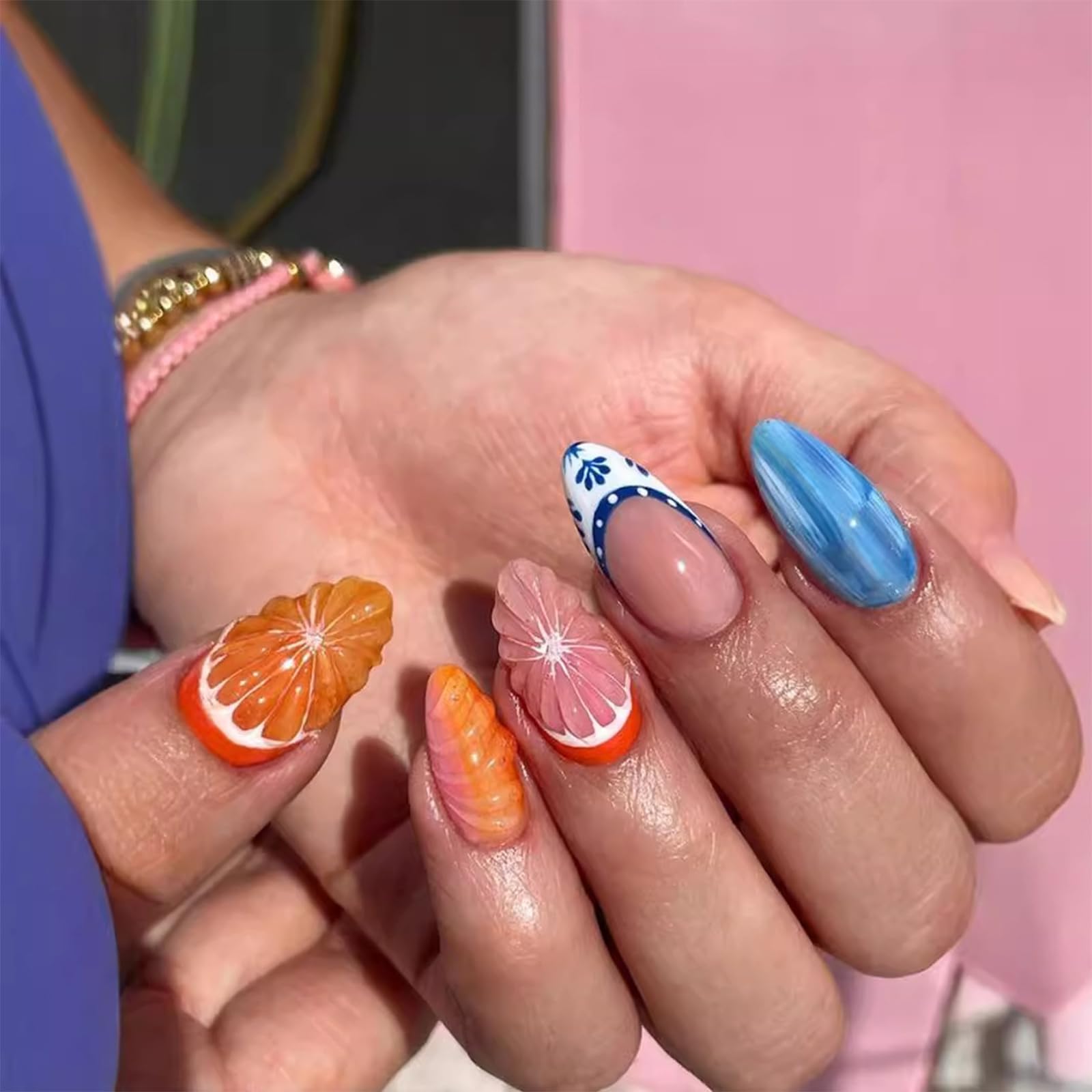 GlamRays 24 sztuki 3D owocowe naklejane paznokcie krótkie migdałowe letnie sztuczne paznokcie Stick On Nails French Nail Art Tips