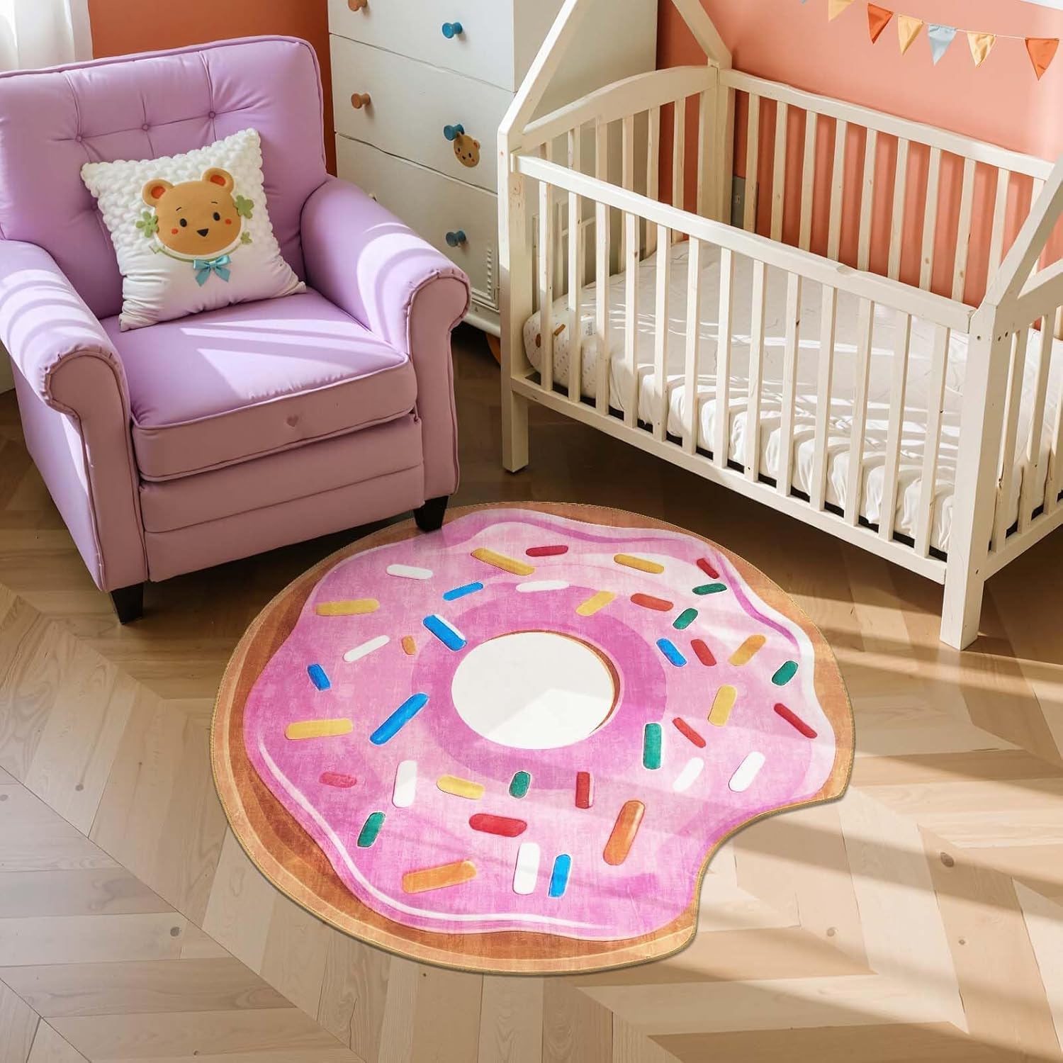 JINCHAN Cute Round Rug 3ft Strawberry Donut Fun Rug Washable Playroom Mat Sweet Dessert Circle Cool Rug Non Slip 3' Round Soft Cozy Pink Doormat Small Funky Gift for Girls Kids Toddler Nursery Bedroom