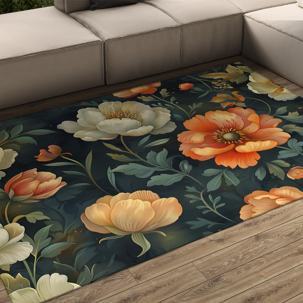 Tapis pivoines 60x120cm vintage esthétique bohème pour sol de salon et chambre