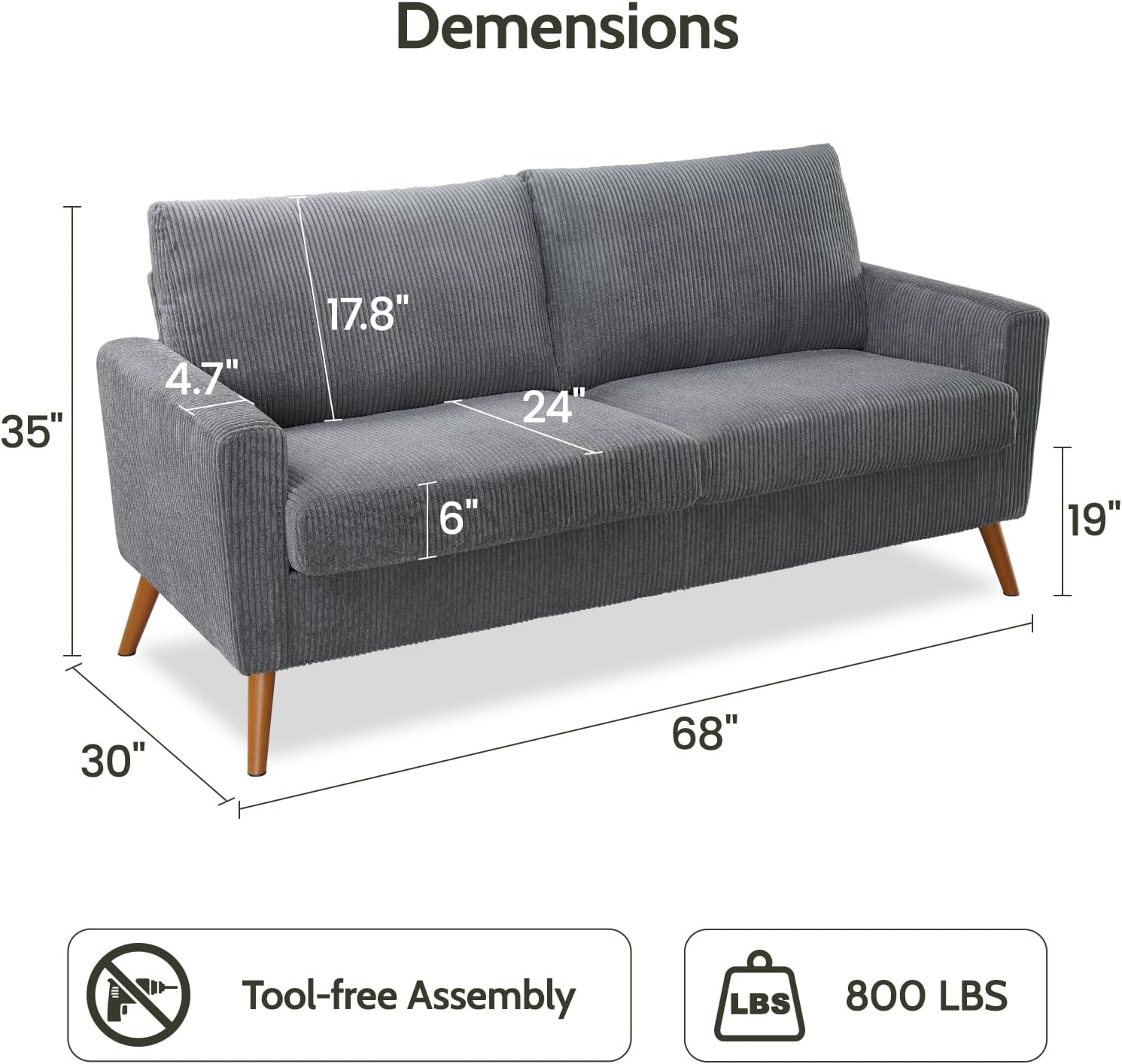 WEUP 68" Loveseat Sofa Dark Gray Corduroy Couch, Mid Century Modern Love Seat Couches for Living Room, Small Loveseat for Bedroom Office, Comfy Sofa with Spring Cushion, Solid Wood, Tool-Free Assembly