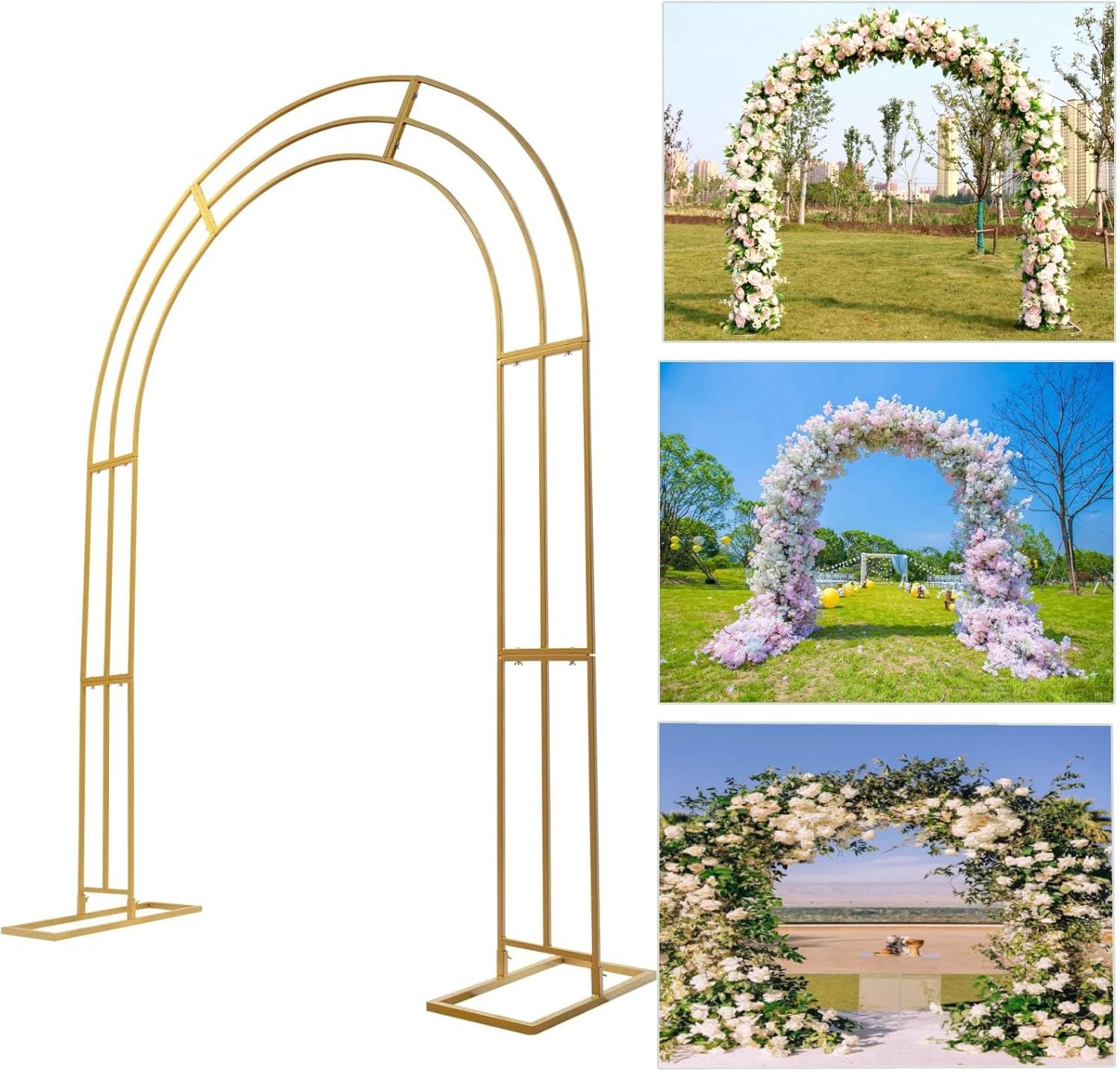 8.53Ft Metal Wedding Garden Arch Trellis, Gold/White, Balloon Archway Decoration Stand with Sturdy Base - Indoor Outdoor Party Ceremony Arches Frame, Climbing Flower Plant Garden Arbor