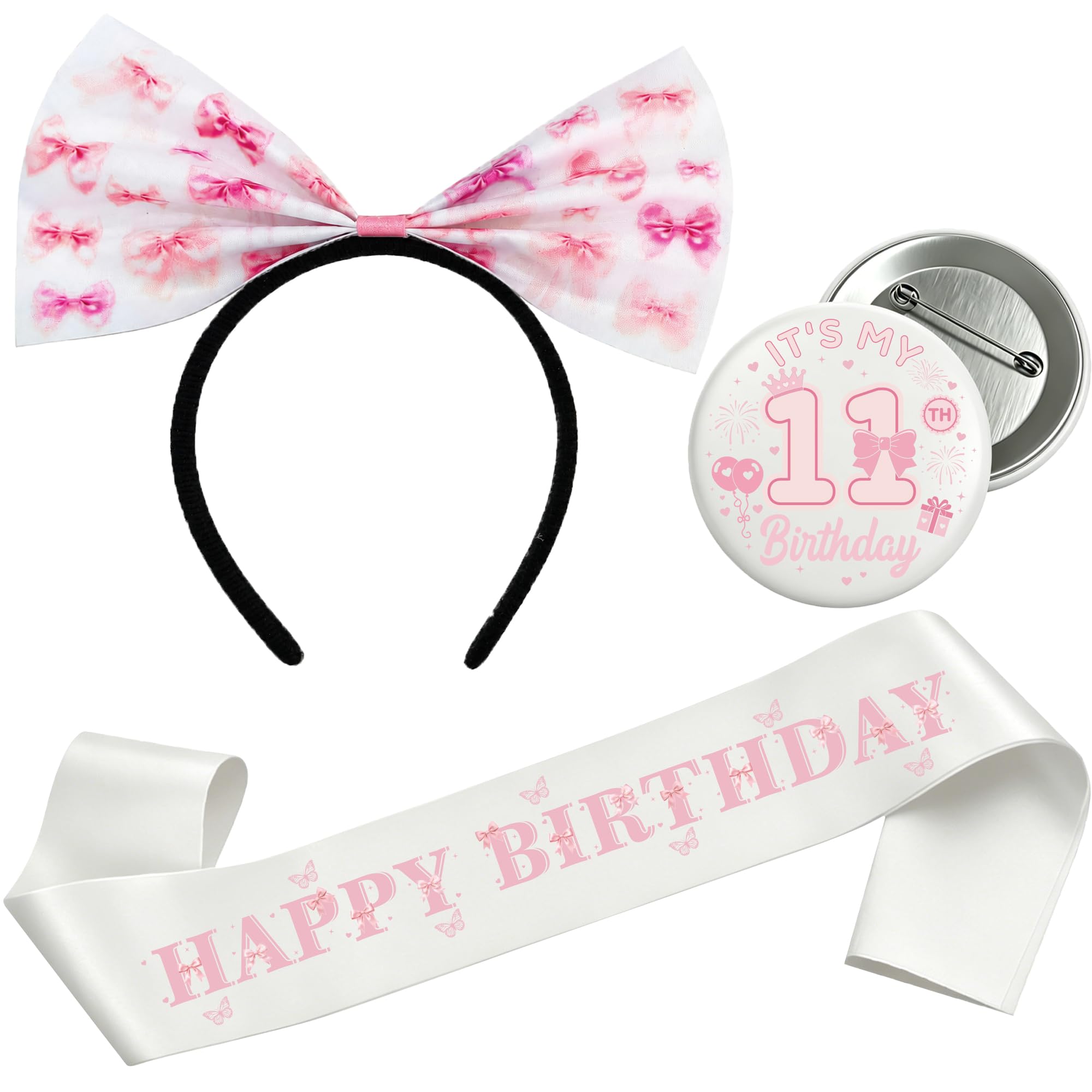 11th Birthday Decorations Badge Sash - 3 PC Pink Happy Birthday Butterfly Sign Sash It's My 11th Birthday Badge Pin Bow Headband for Girls Friend Daughter Granddaughter 11 Year Old Party Supplies