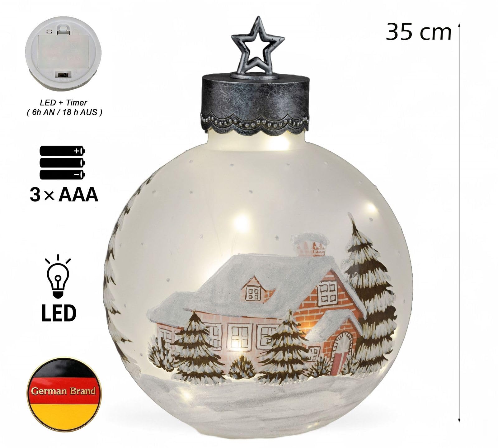 formano XXL LED Deko-Kugel 35 cm Winterdekor Glaskugel Timer 6 h/18 h beleuchtet - Batteriebetrieben - Herbst Winter Weihnachtsdeko für Tisch Regal Fensterbank