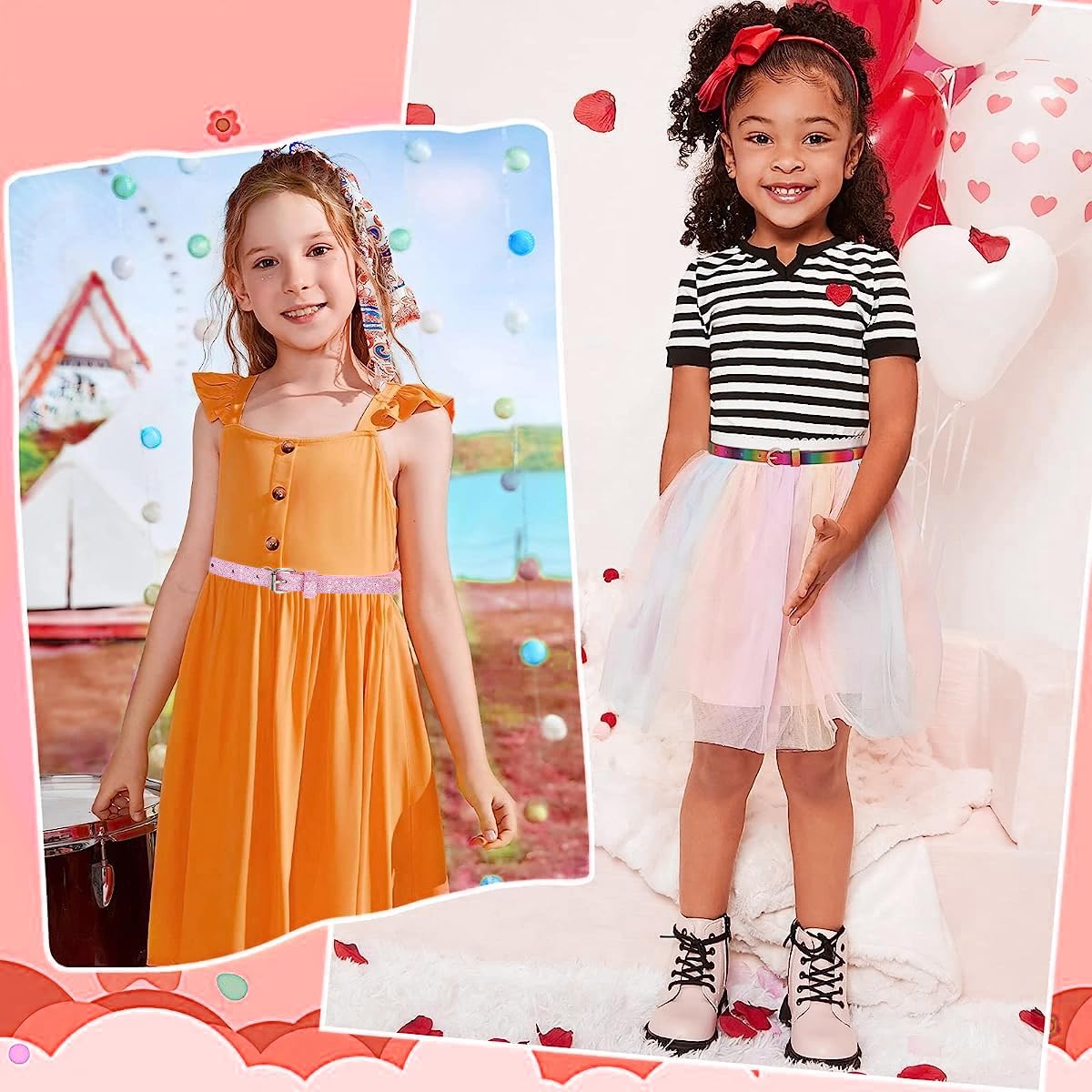 PALAY® 2 Pack Belt for Kids, Glittering PU Leather Girls Belt, Rainbow Waist Belt for Jeans Pants Dress, 35.4in Metal Buckle Belt for Kids Girl 6-12 Years Old (Pink & Rainbow) 4