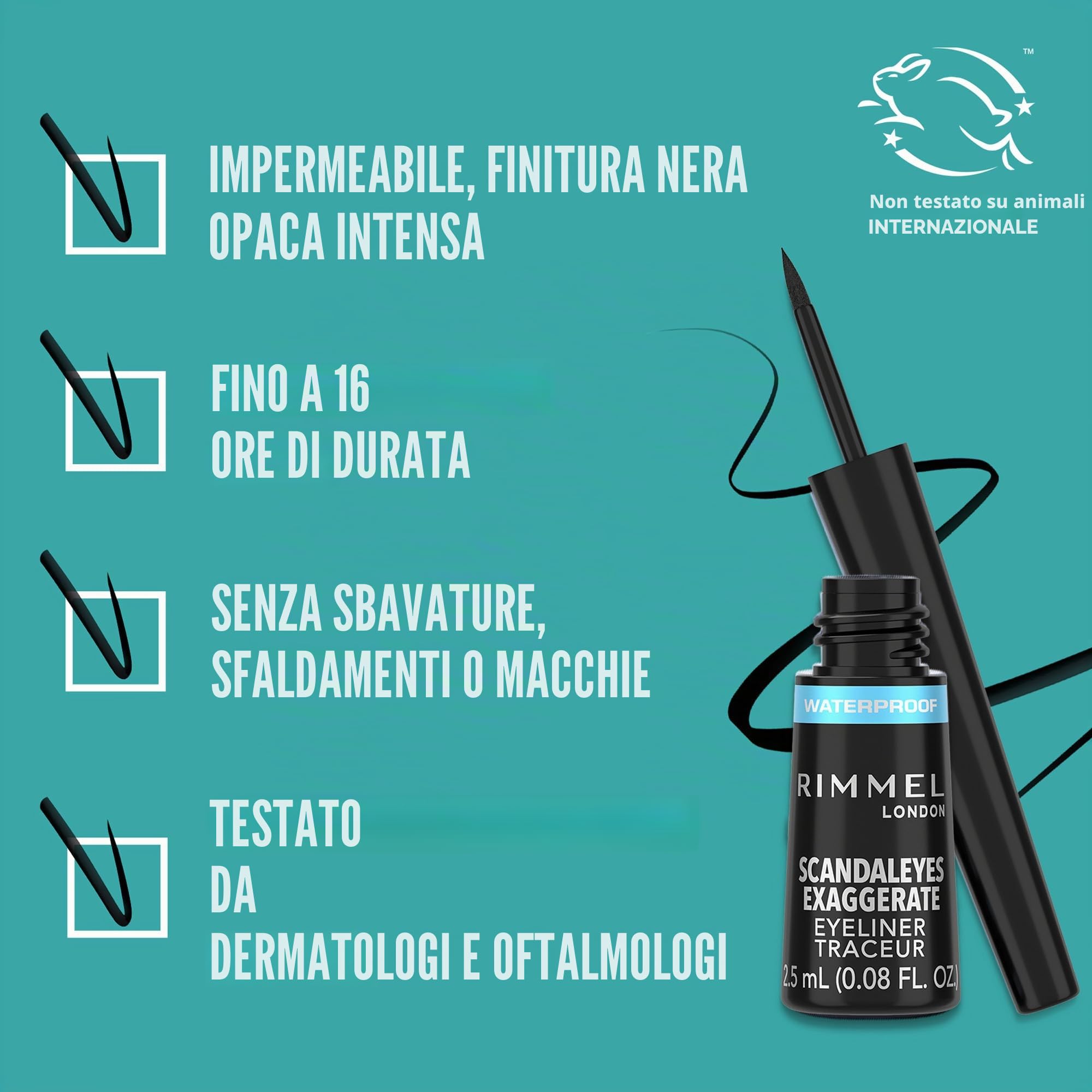Rimmel - Eyeliner Waterproof Exaggerate Liquid - Eyeliner ultra definizione Liquido a Lunga Durata - Black