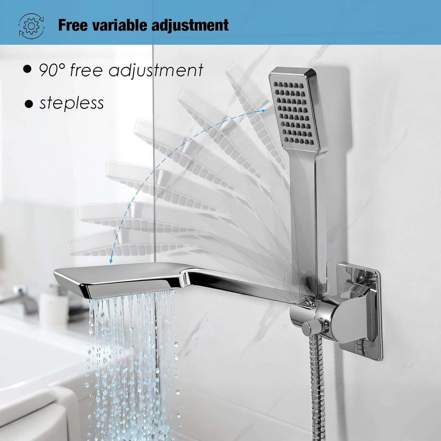 Handheld Shower Head Holder - No Drill - 360 Variable Adjustable - Tension Nut for Different Weight - Universal Shower Hose Fits - Wall Mounted with Strong Adhesive - (Polished Chrome)