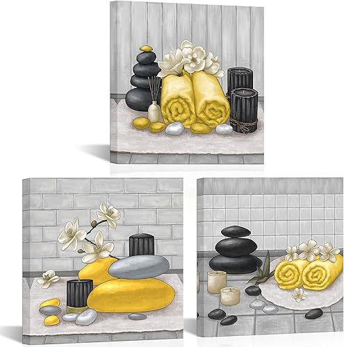 Miniatura 1 de RnnJoile Lienzo de spa para pared, pintura de orquídea de piedra zen, impresiones amarillas de naturaleza muerta para baño, meditación zen,