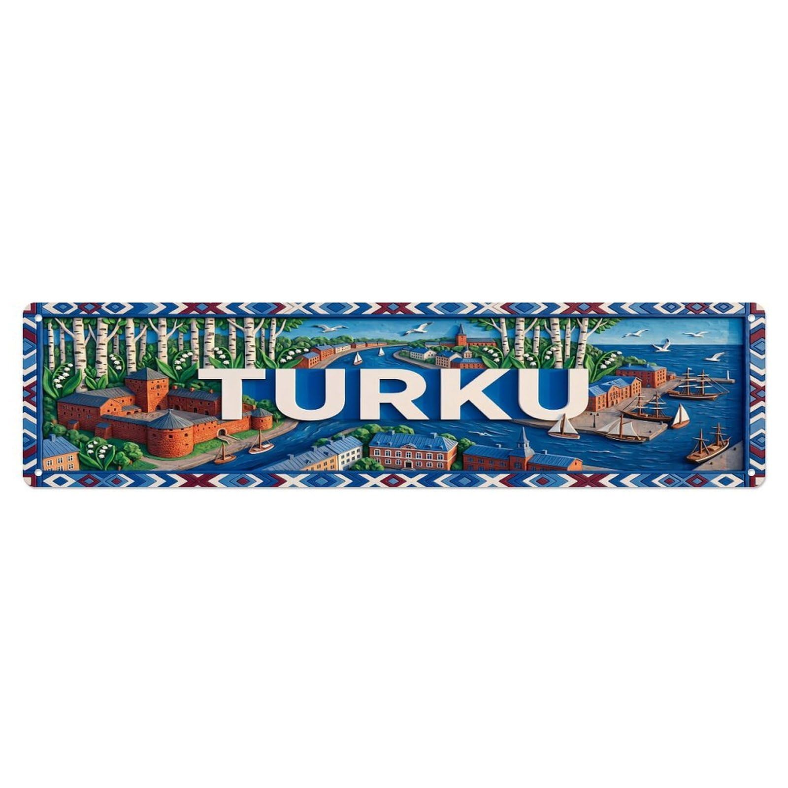 Cwbufd Vintage Style Vintage Turku Finland Flag Pattern Vintage Metal Tin Sign Plaque Wall Decor For Cafe, Club Bar, Office, Garden Metal Poster 4X16inch