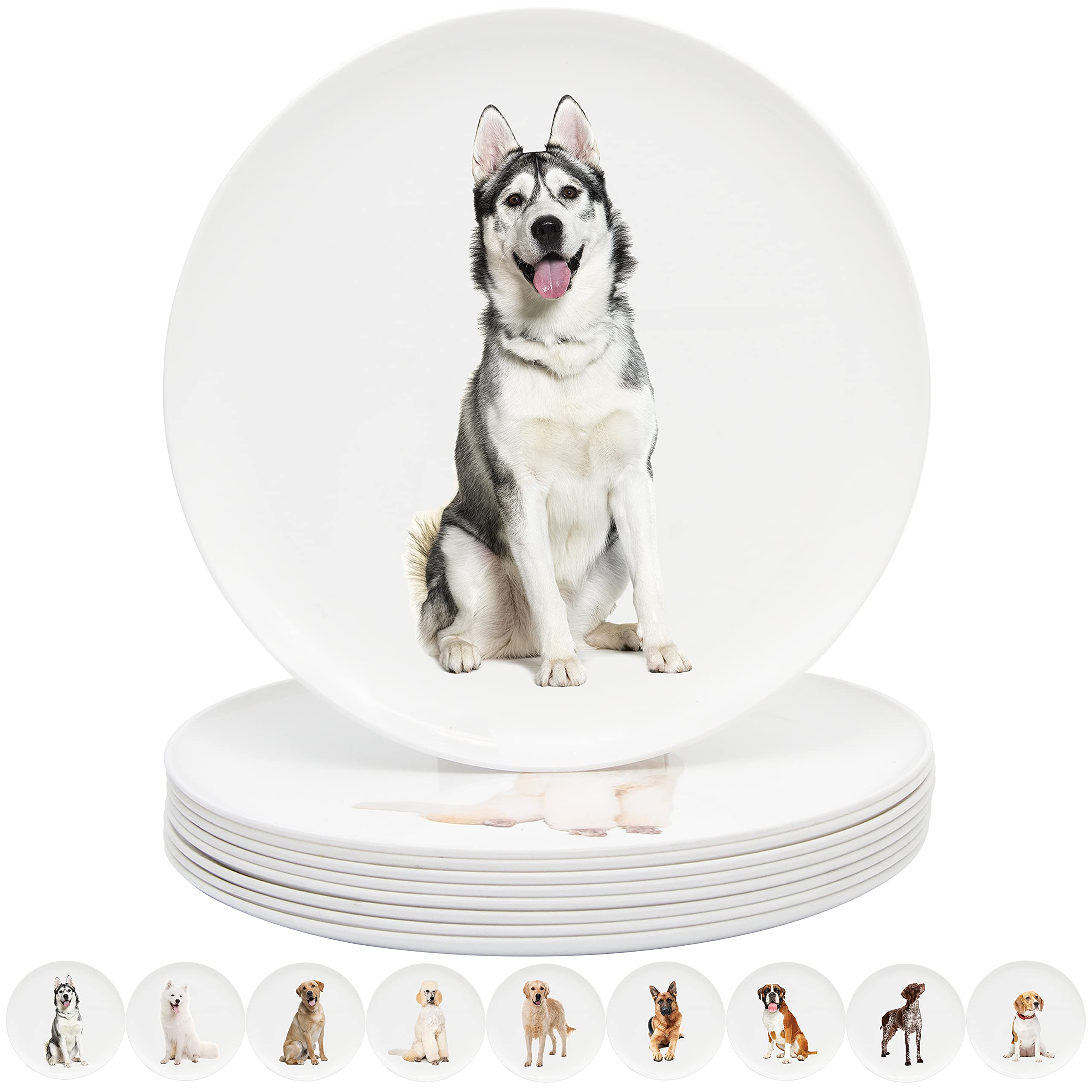 Youngever 9 Pack 25CM Re-usable Plastic Plates, Large Plates, Dinner Plates, Set of 9 (Dog Puppy Theme)