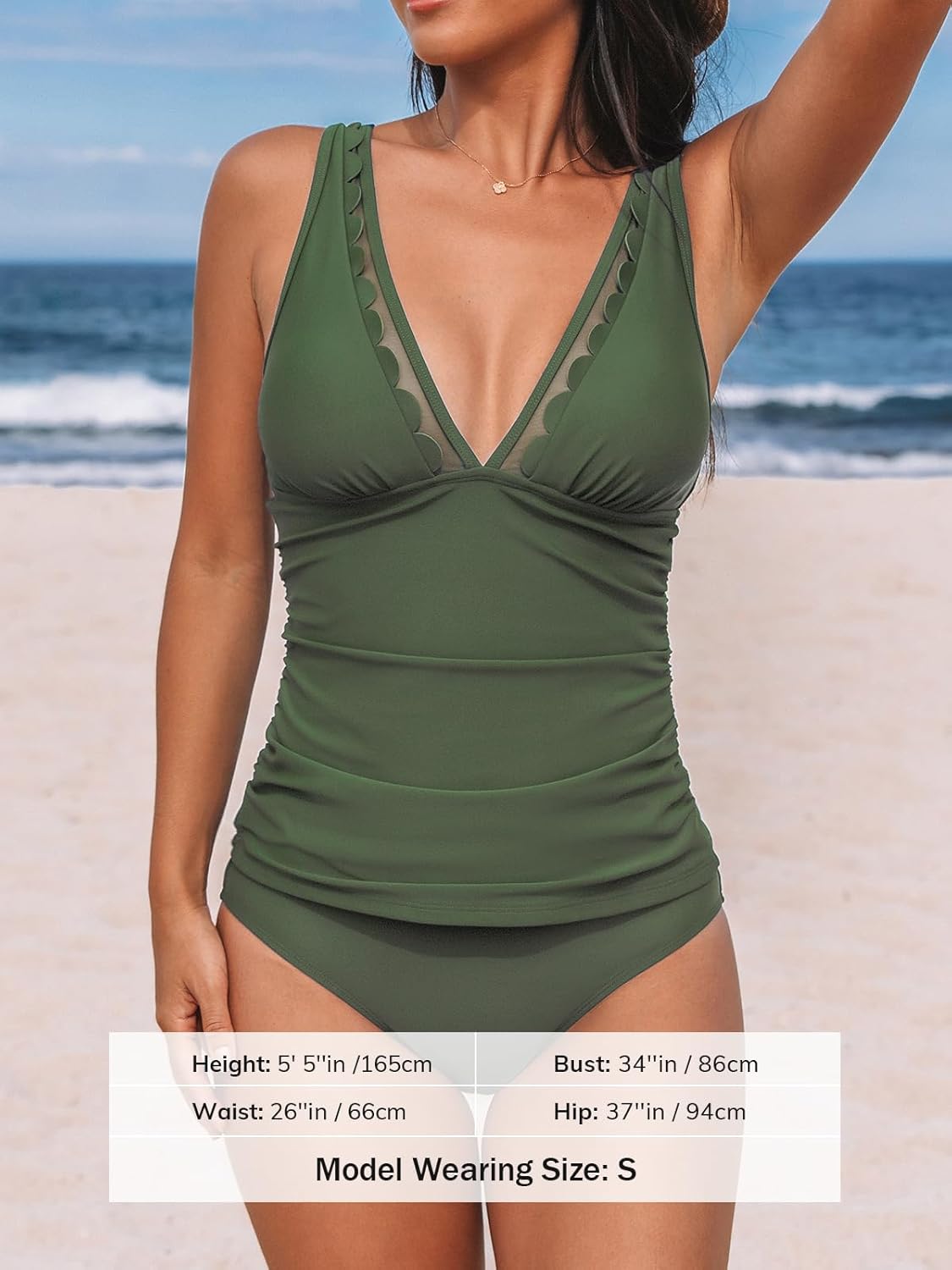 CUPSHE Women's Tankini Sets V Neck Mesh Scalloped Two Piece Bathing Suits Adjustable Straps Mid Rise Swimwear - Image 5