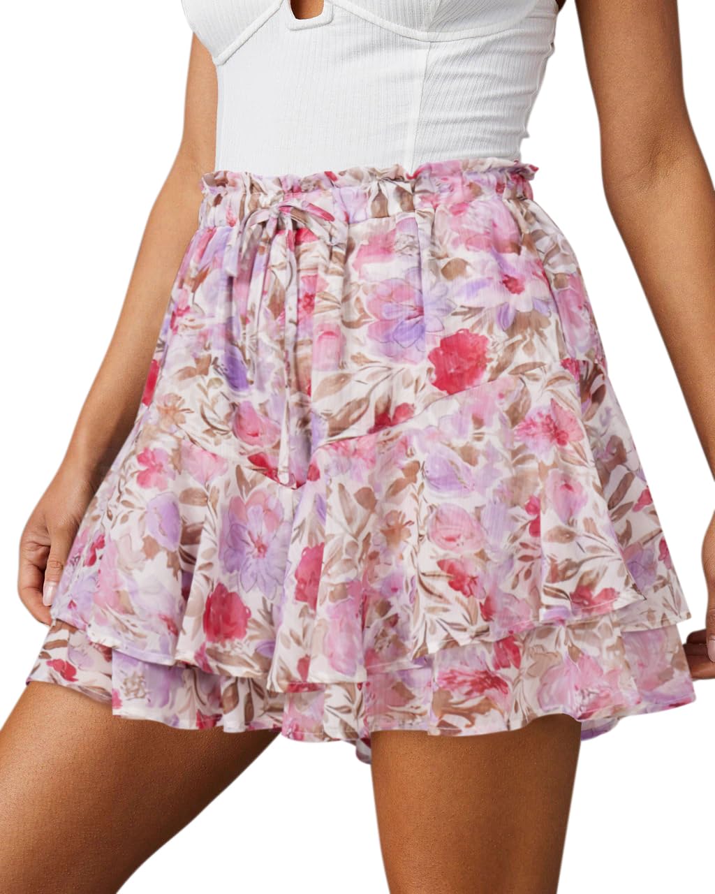 Aoudery Flowy Shorts for Women Casual Boho Floral Skorts Ruffle Mini Skirts Running Tennis Butterfly Chiffon Shorts